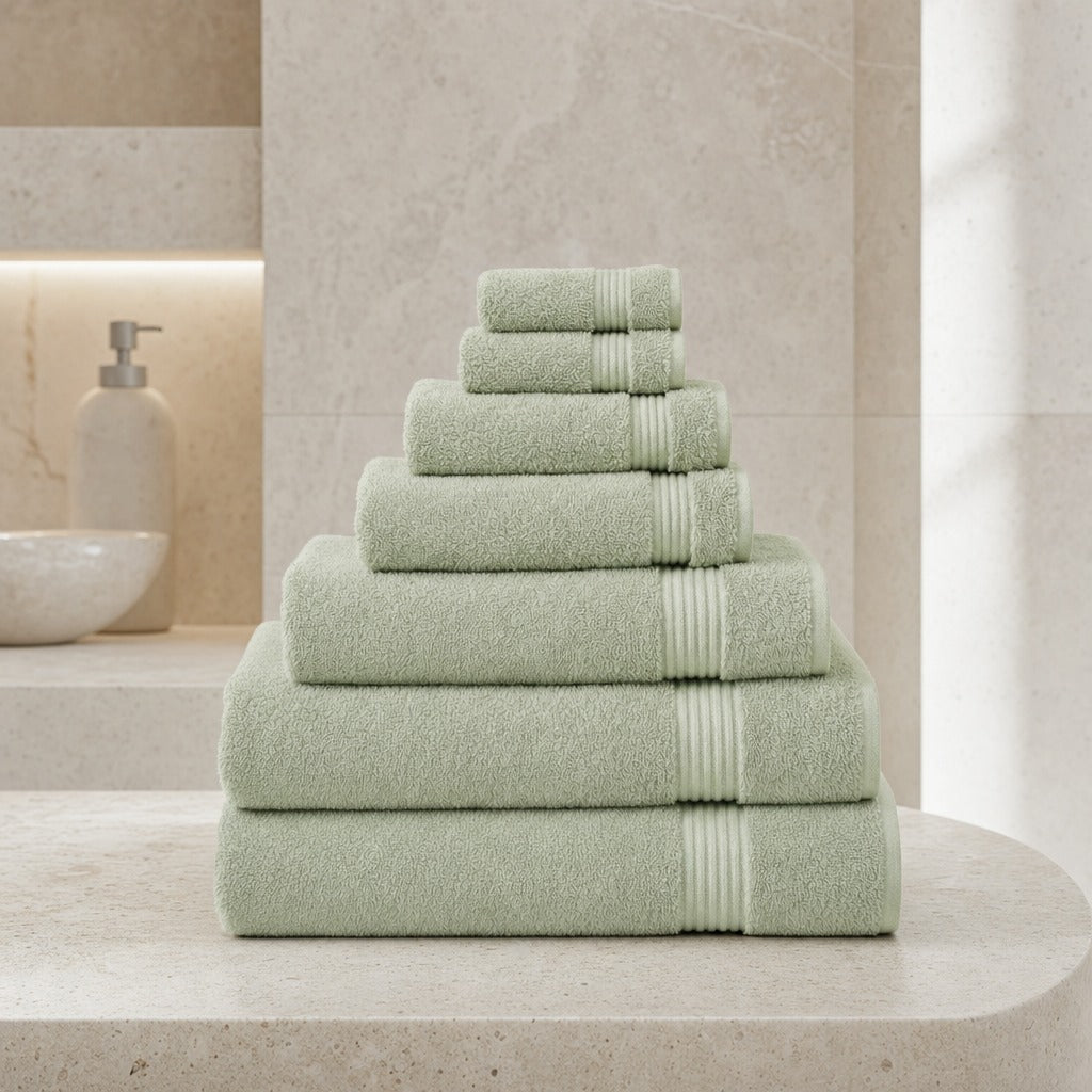 Haven 6-piece Turkish towel set in green stacked on a stone ledge in a spa bathroom