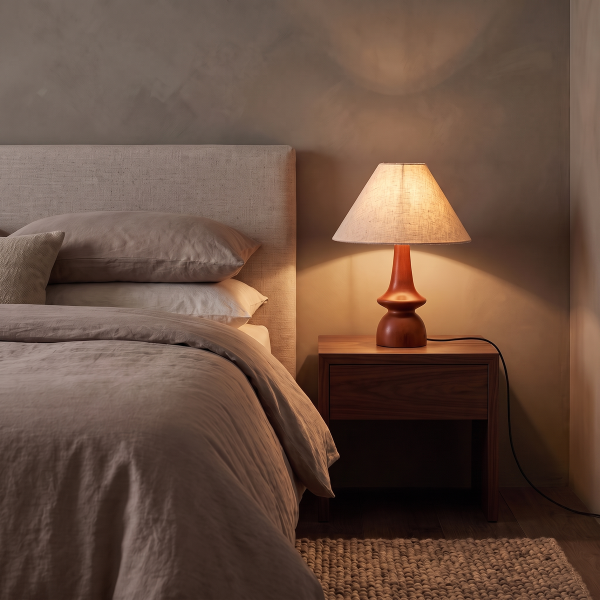 Hawk solid wood table lamp glowing on a walnut bedside table in a warm bedroom
