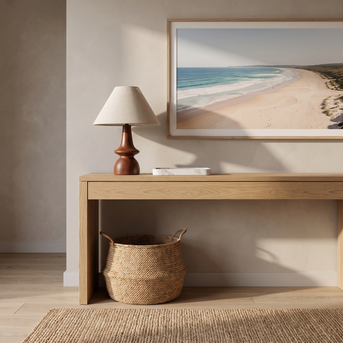 Hawk solid wood table lamp with linen shade on an oak console in a Japandi entry