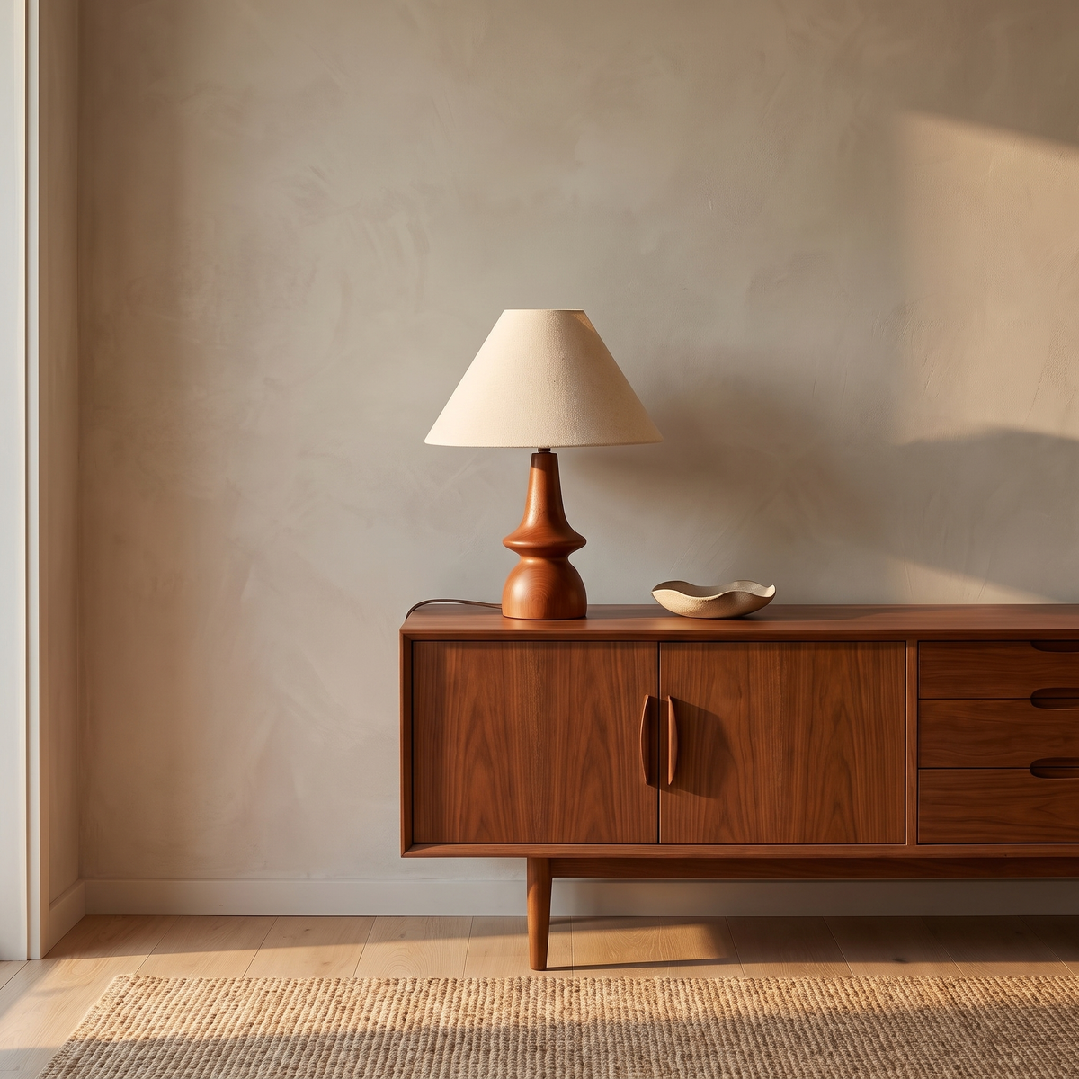 Hawk solid wood table lamp with linen shade on a walnut sideboard in a living room
