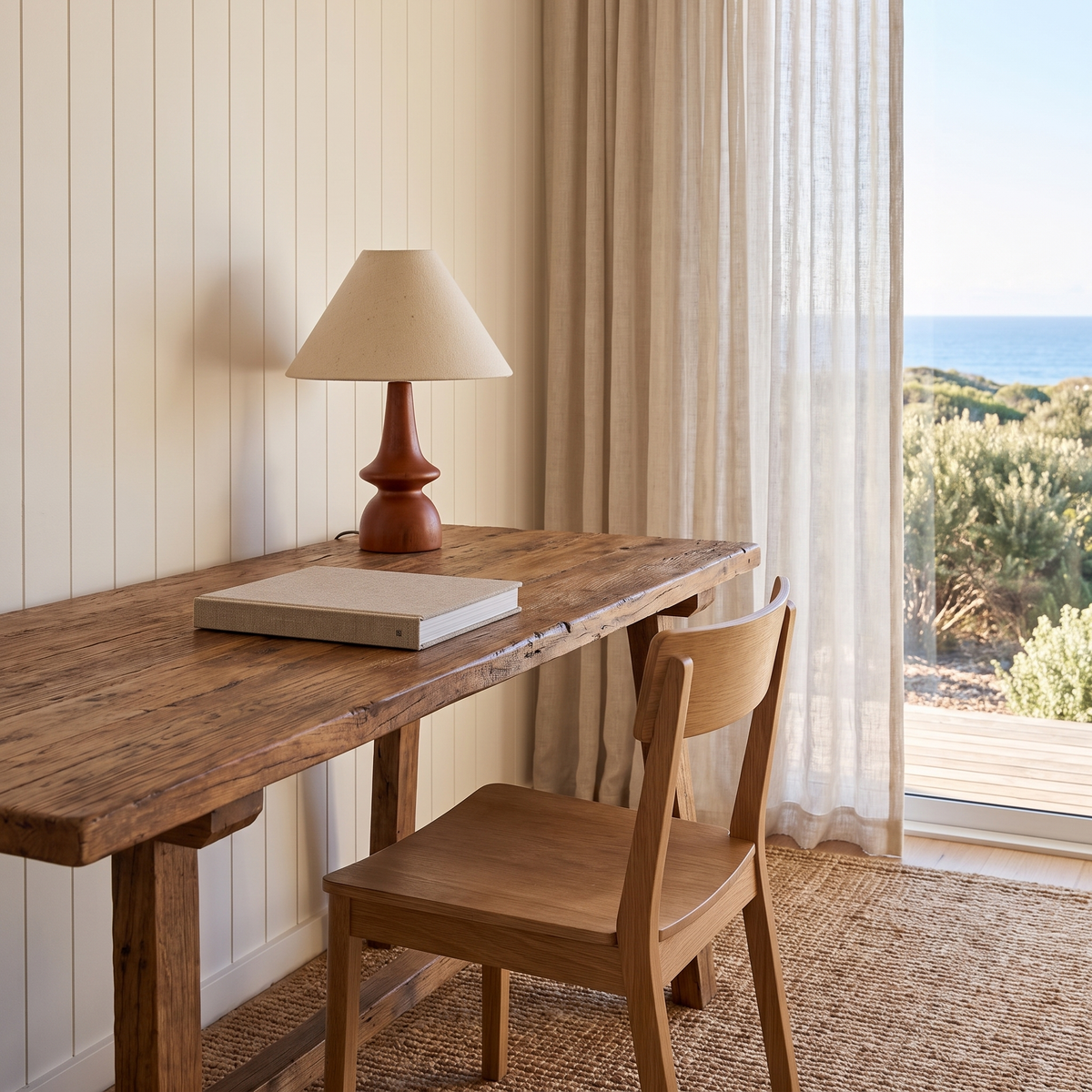 Hawk solid wood table lamp with linen shade on a timber desk in a coastal study