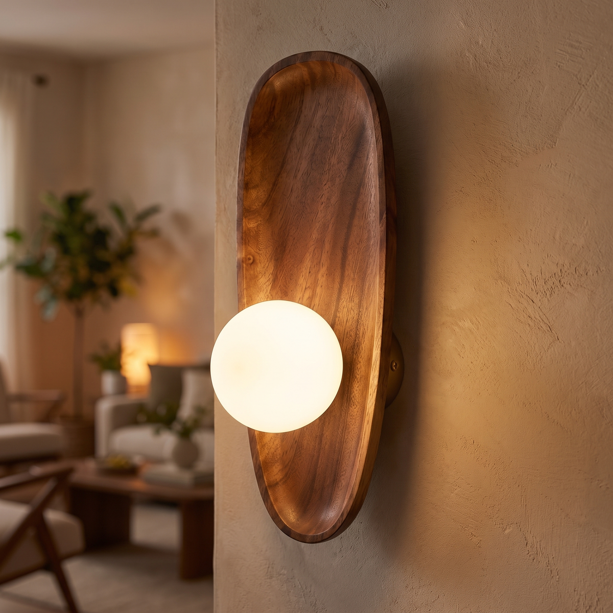 Close-up of the Henny wall lamp walnut grain and glowing opal globe