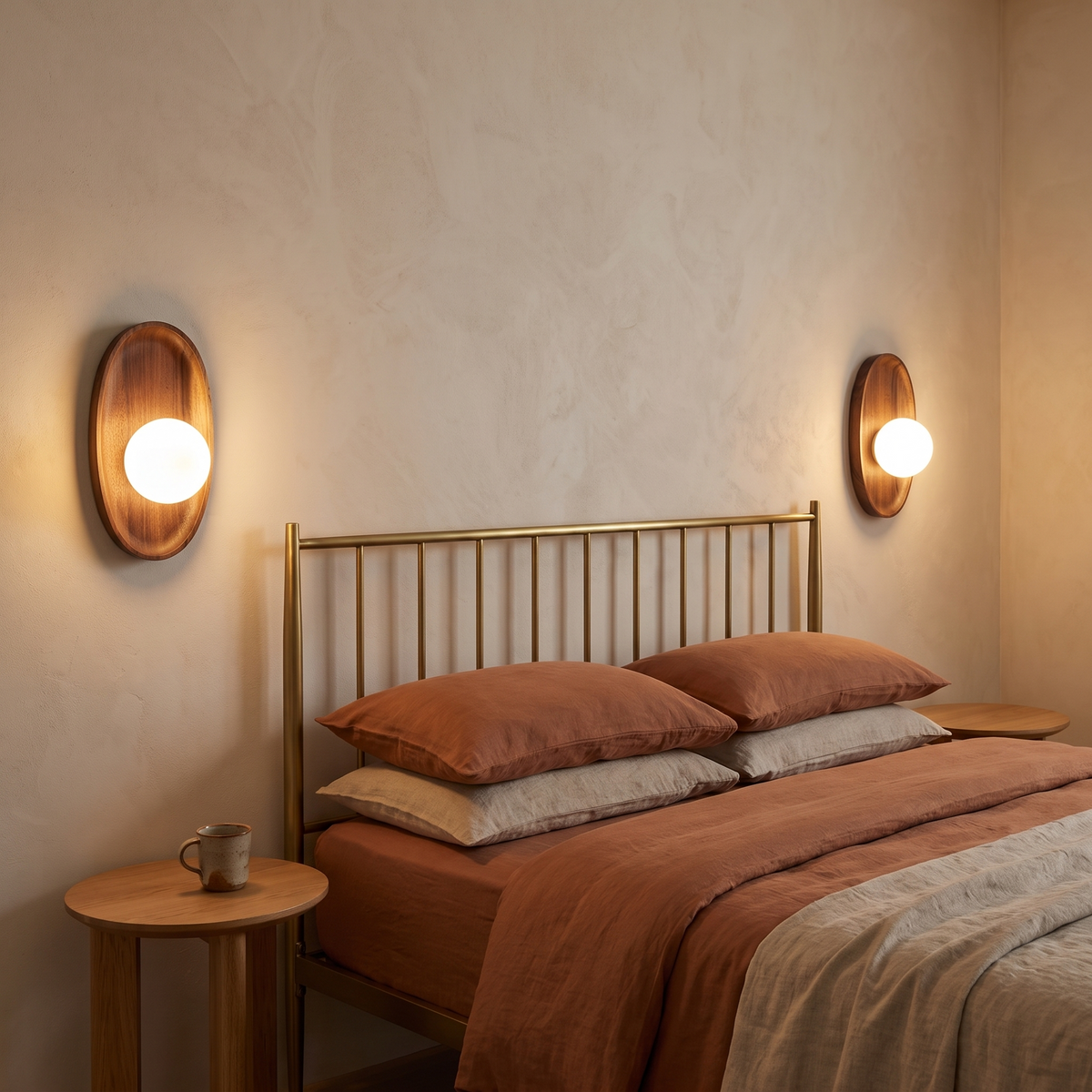 Pair of Henny walnut and opal glass wall lamps either side of a brass bed