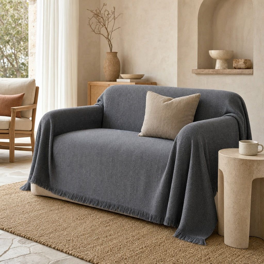 Herring chevron weave sofa cover in Grey fitted over a sofa