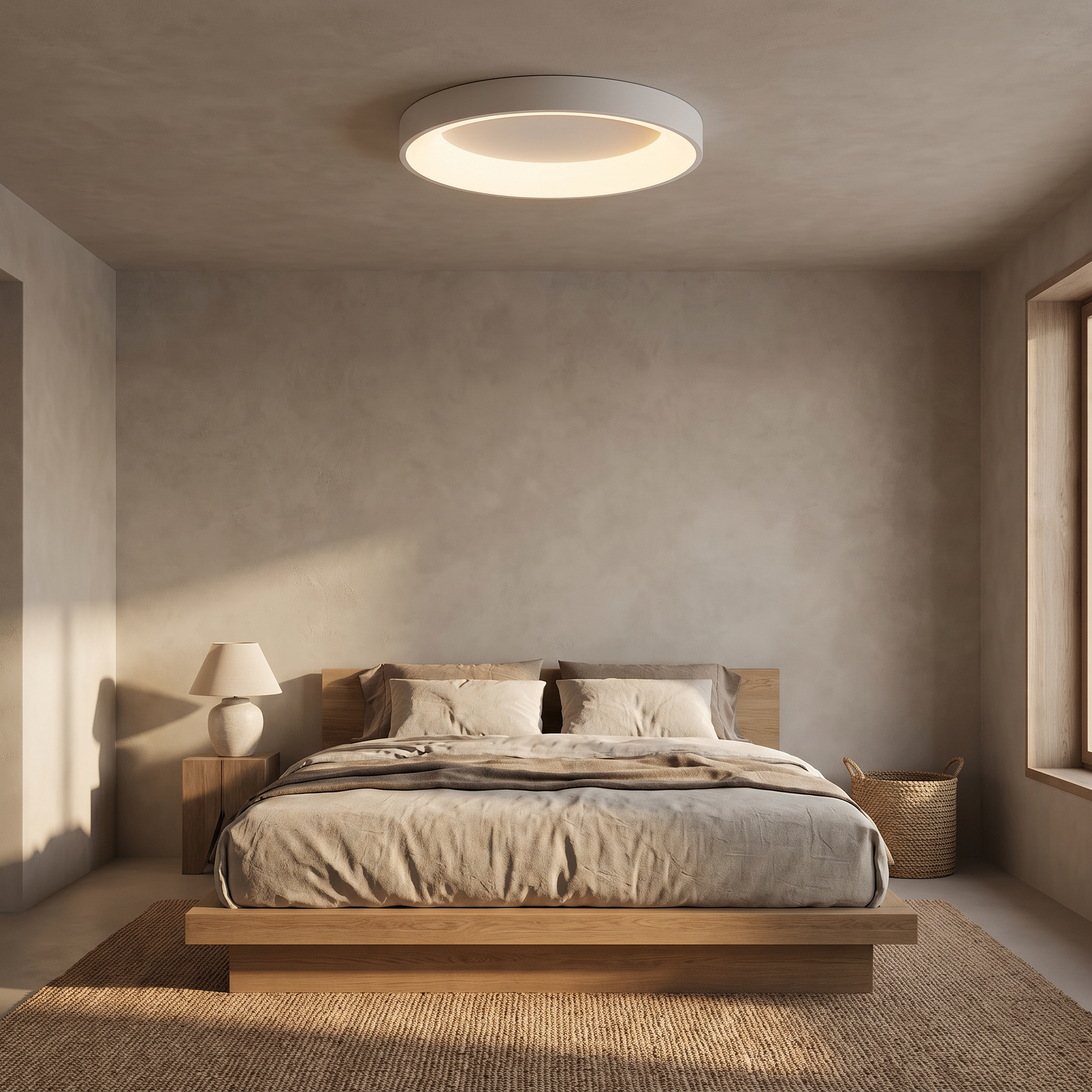 White Jilliby LED oyster light glowing in a Scandinavian bedroom