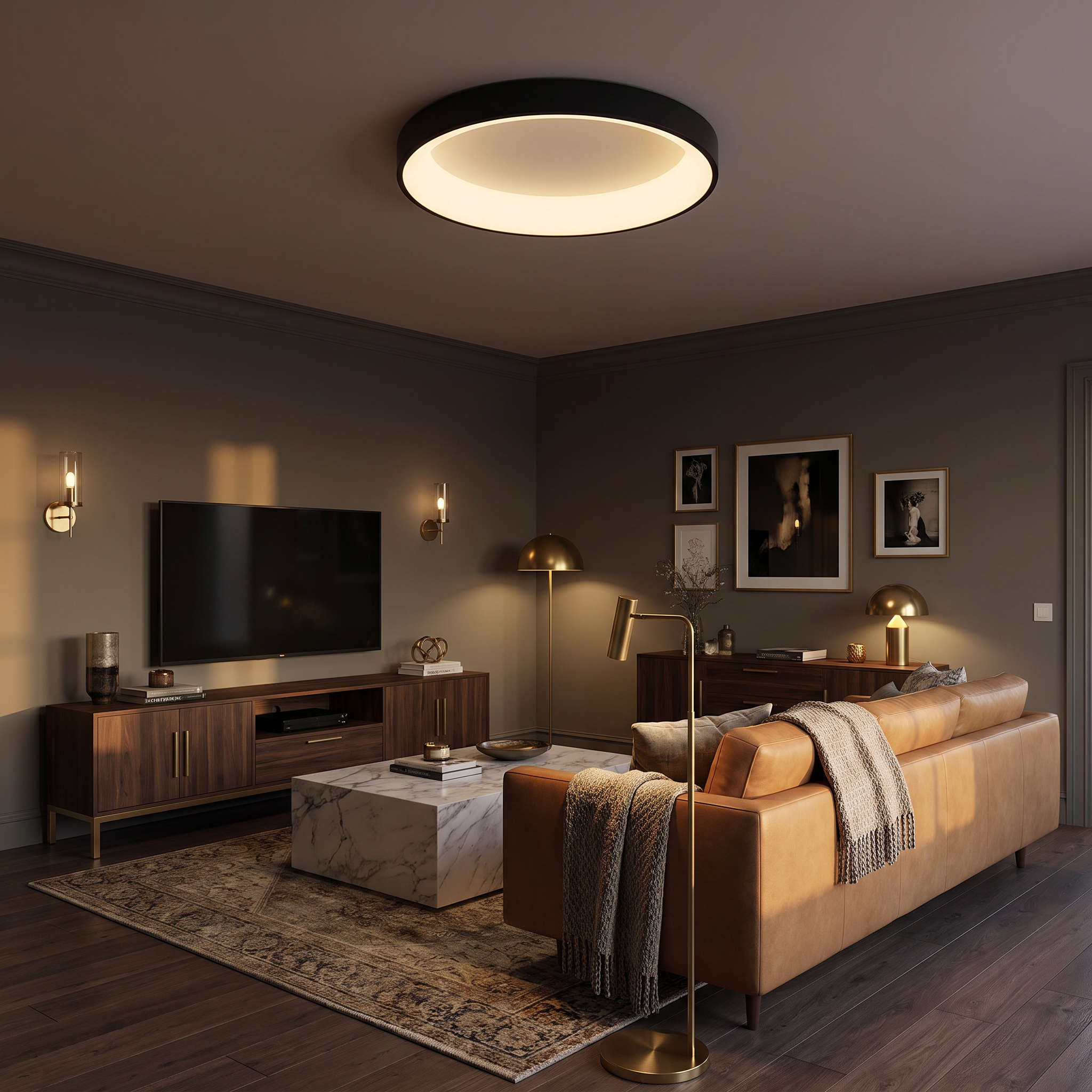 Black Jilliby LED oyster light in a moody luxe living room