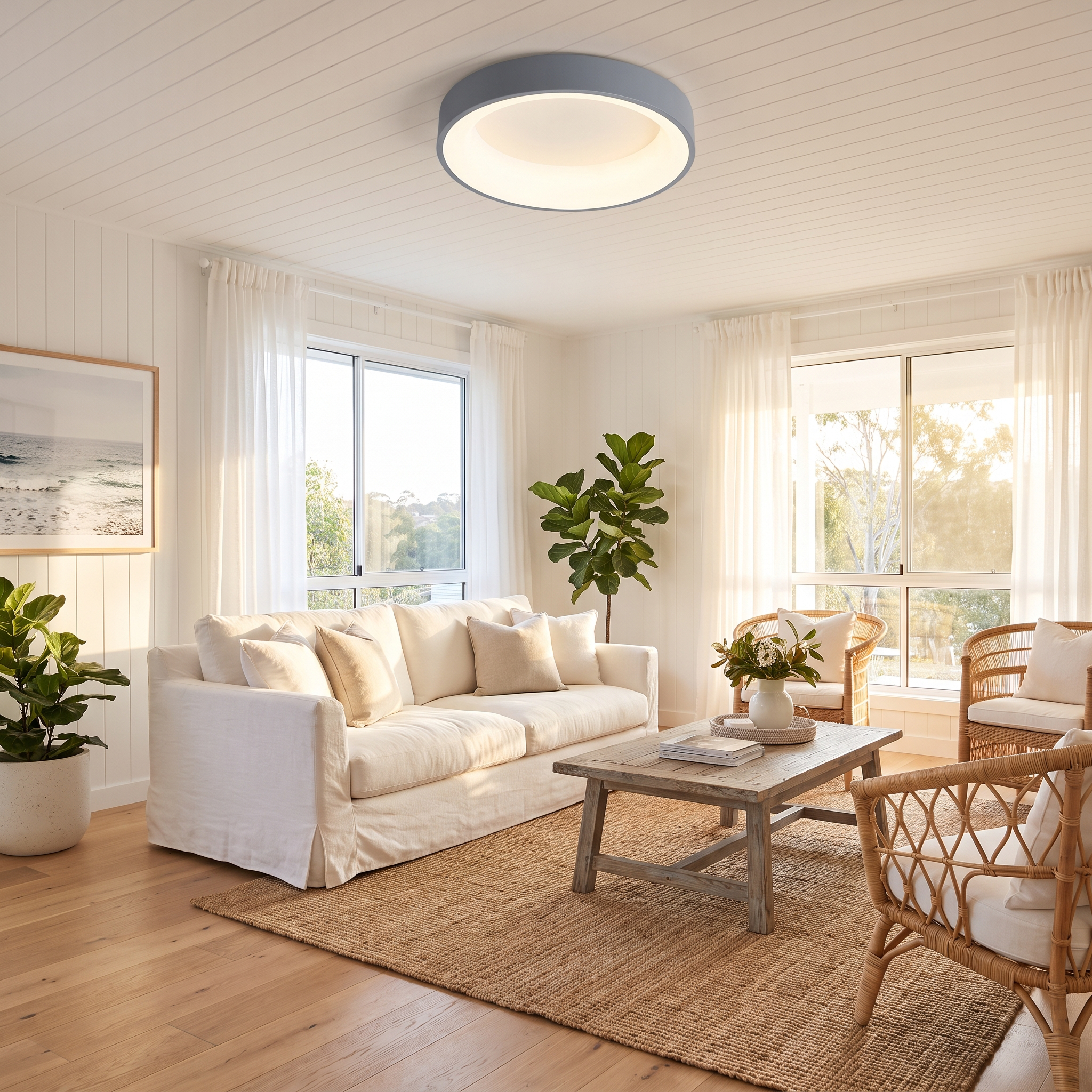 Grey Jilliby LED oyster light in a coastal beach house living room