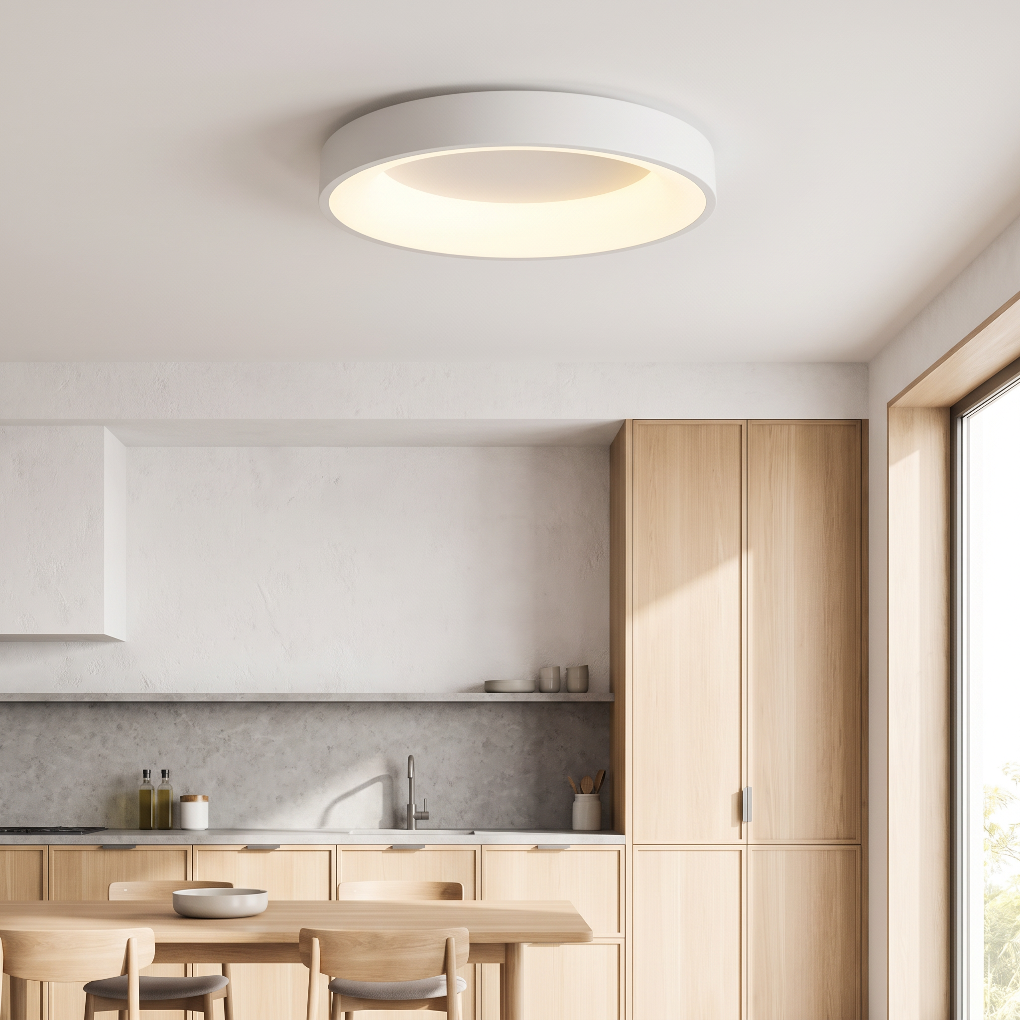 White Jilliby LED oyster light in a modern kitchen and dining area