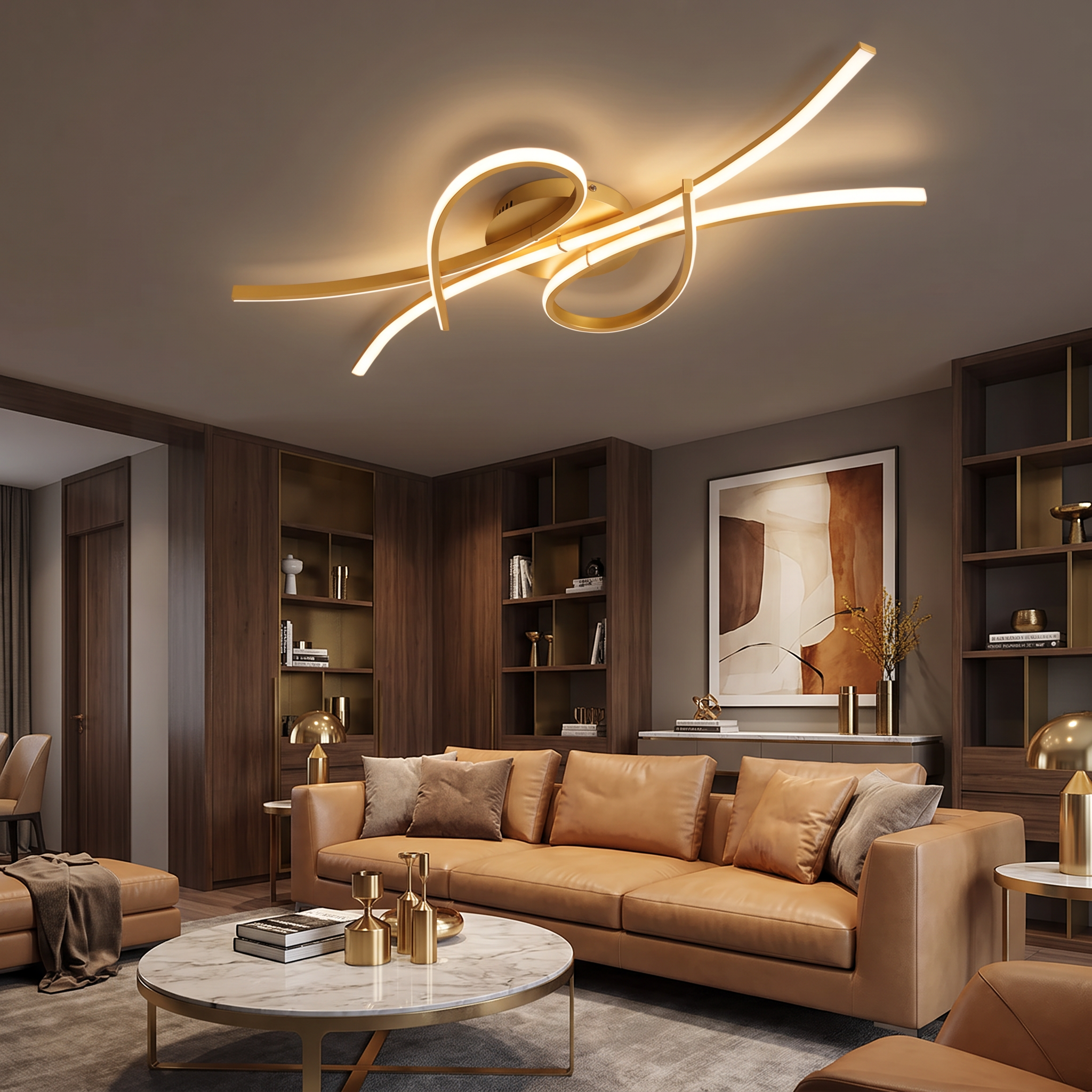 Gold Selina smart LED ceiling light glowing in a luxury living room