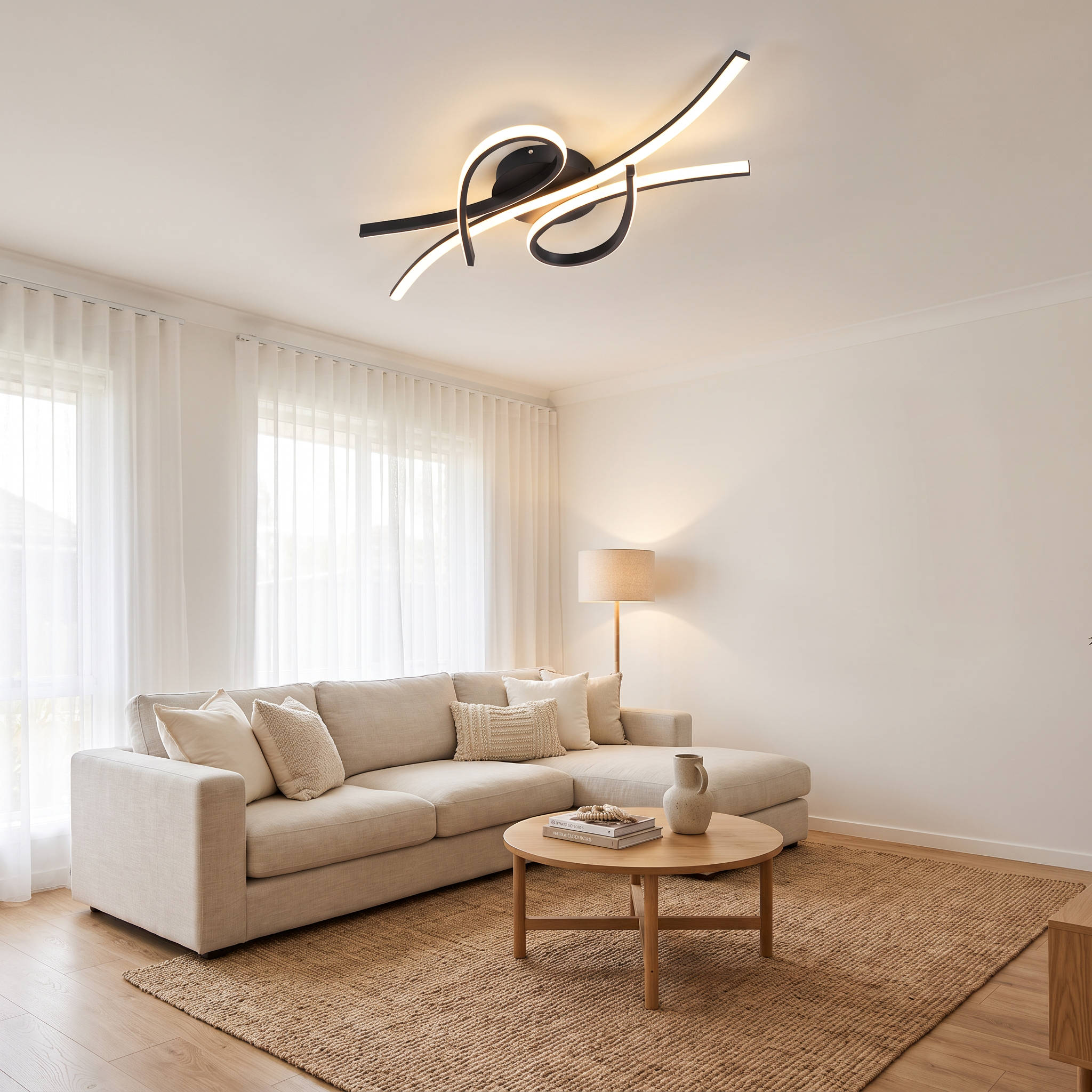 Black Selina smart LED ceiling light in a contemporary living room