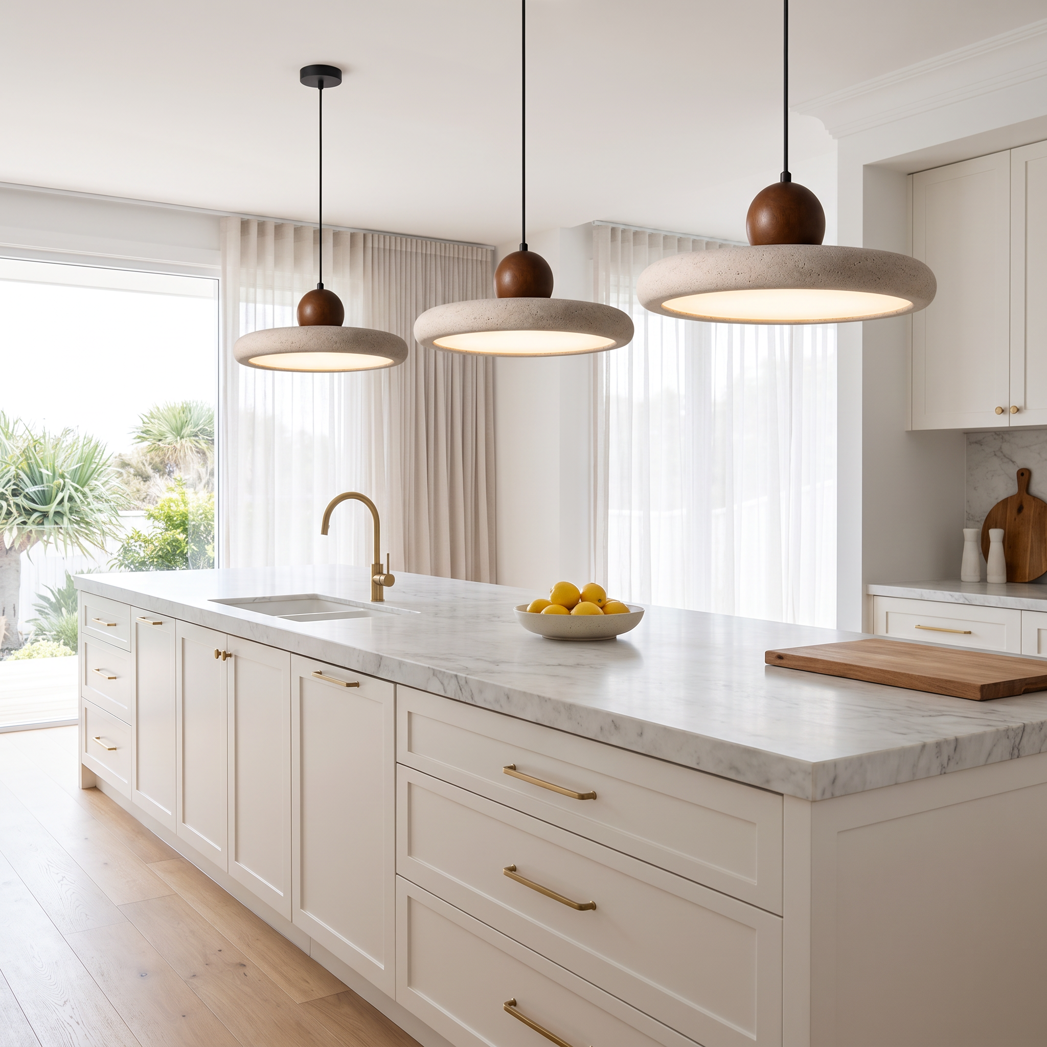 Sabi Travertine Pendant Light in Walnut Wood, three pendants in a row along a marble kitchen island