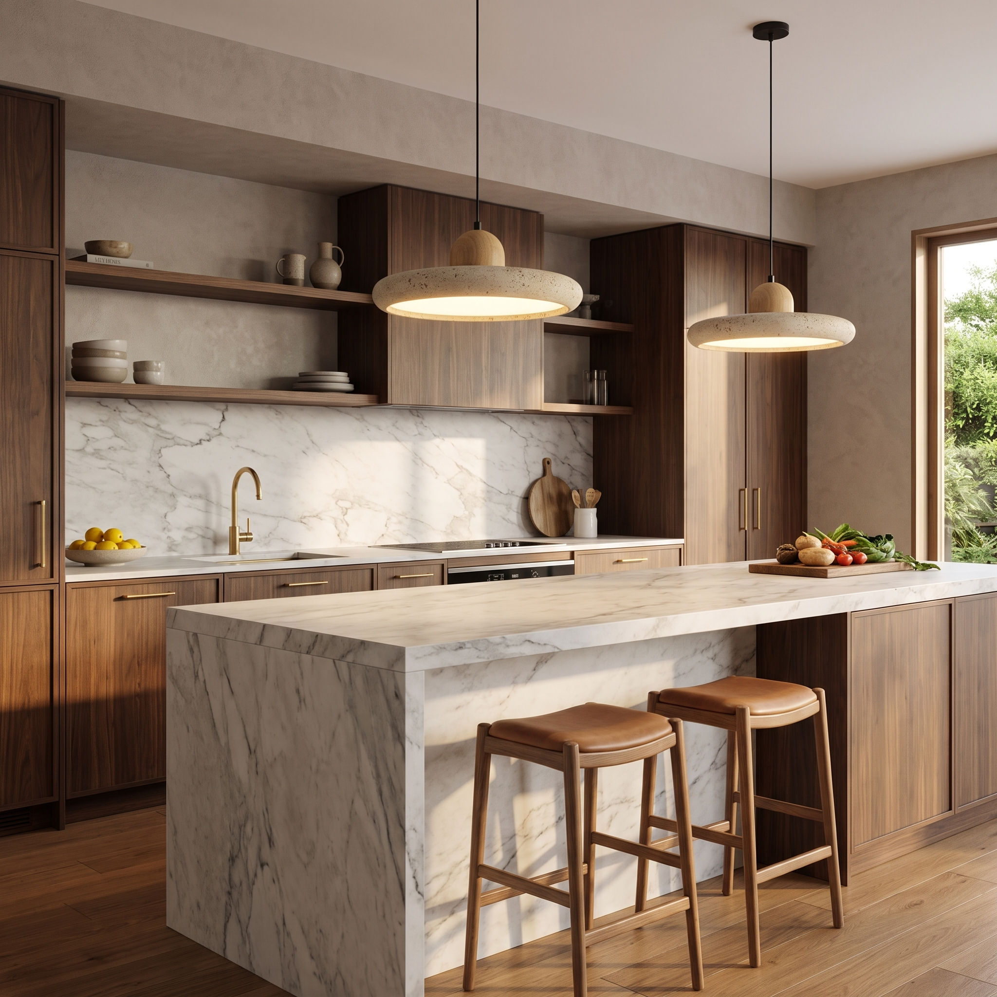 Sabi Travertine Pendant Light in Light Wood, two pendants along a marble island in a modern kitchen with dark timber cabinetry