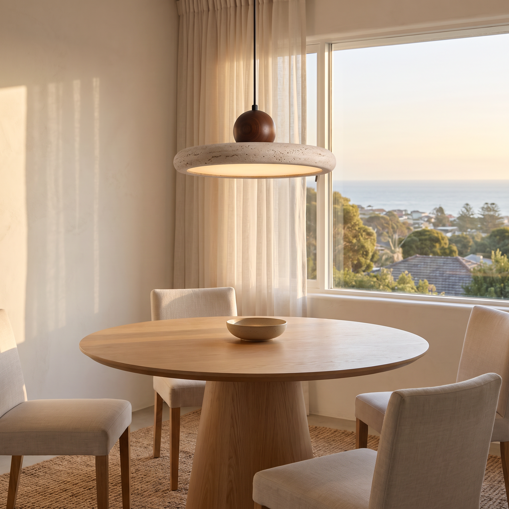 Sabi Travertine Pendant Light in Walnut Wood, a single pendant over a round oak dining table with a coastal view