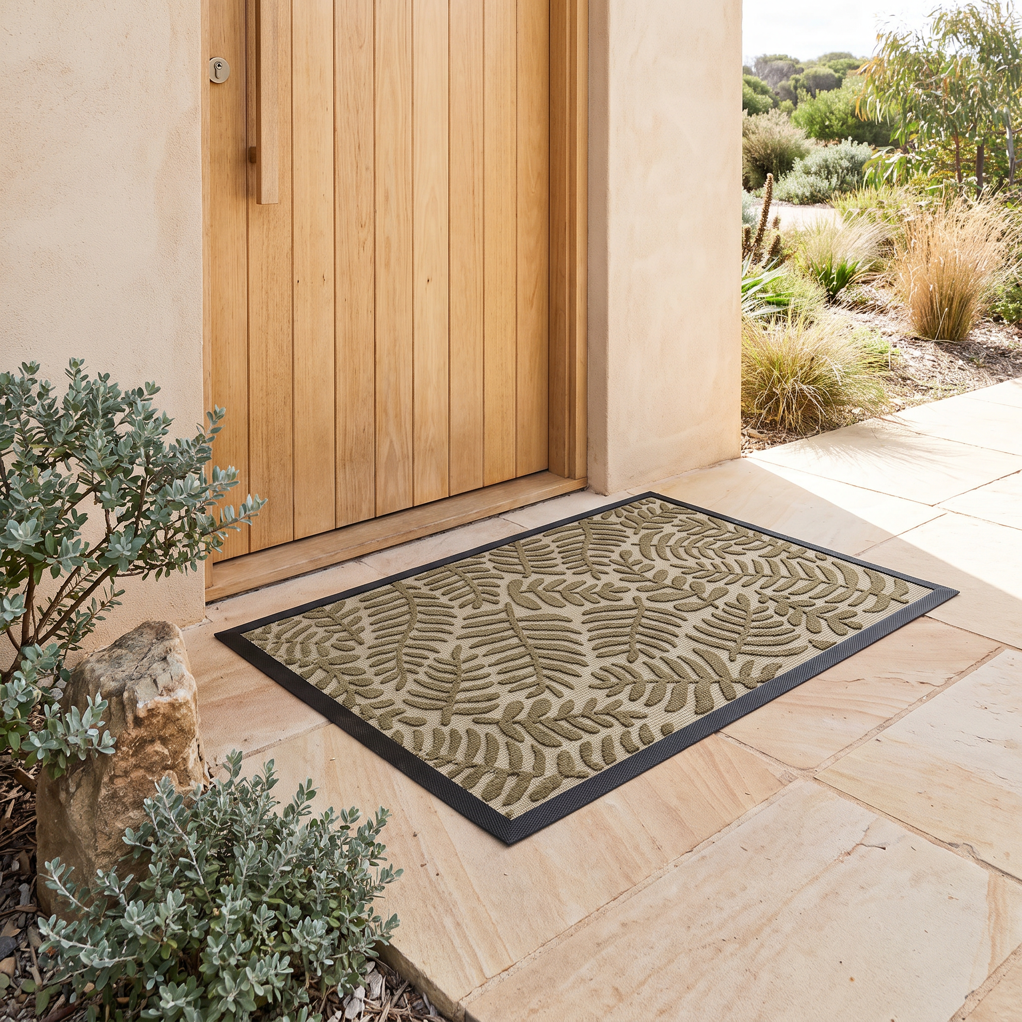 Koori fern-pattern doormat in beige on stone pavers at a coastal home entrance