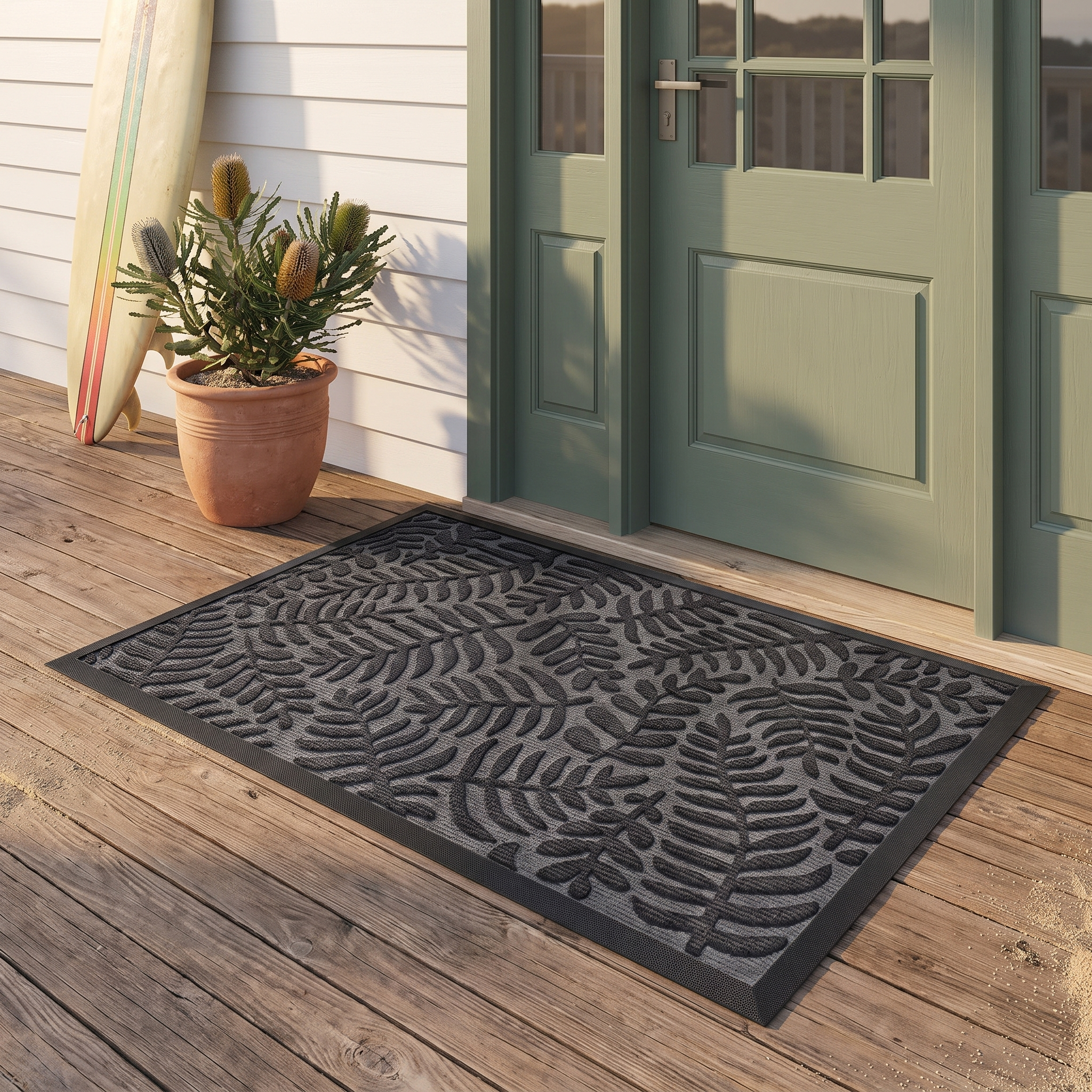 Koori fern-pattern doormat in charcoal on timber decking by a coastal weatherboard wall