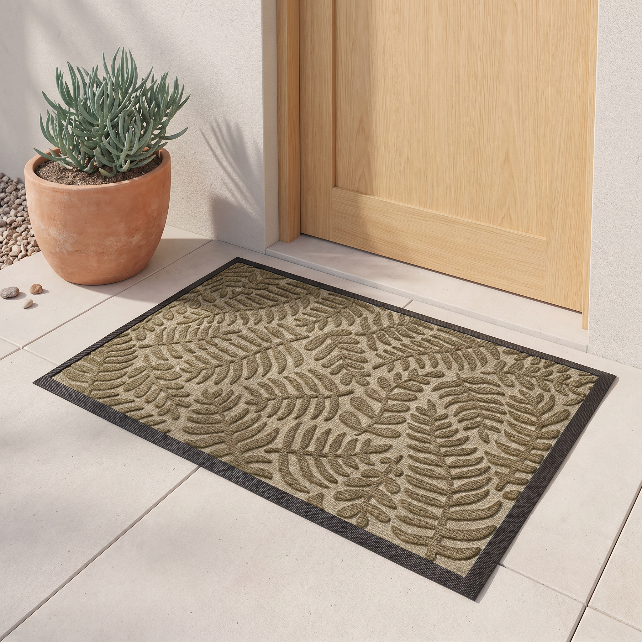 Koori fern-pattern doormat in beige on a pale stone entrance with a rendered wall