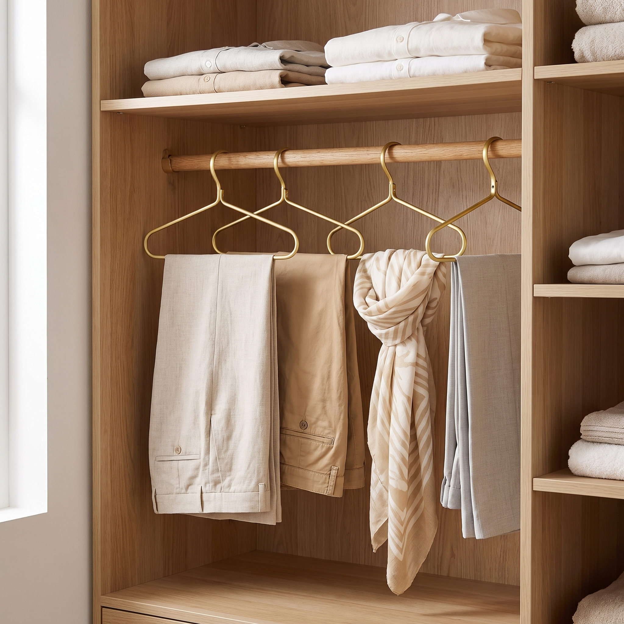Pali gold open-ended metal wardrobe hangers holding trousers in a coastal wardrobe