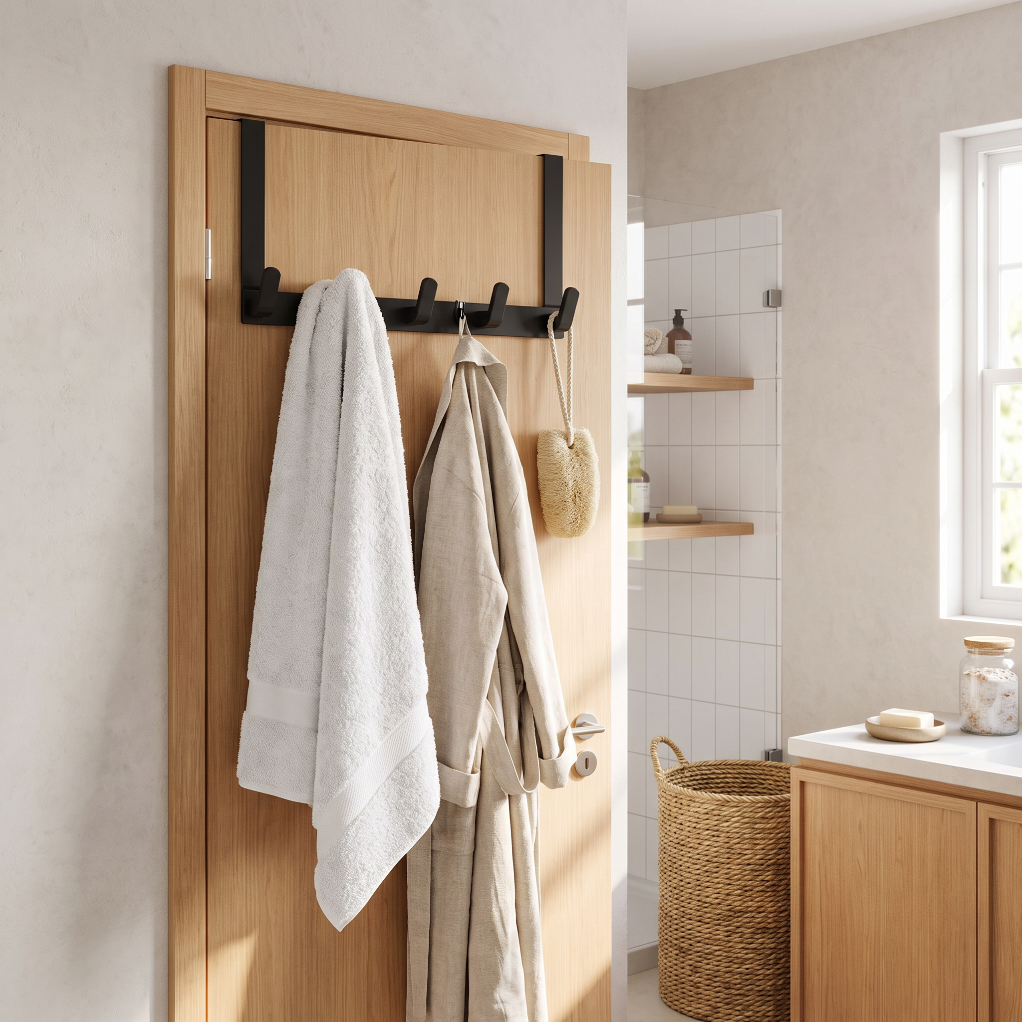 Budi black 5-hook over-door rack on a bathroom door with towels and a robe