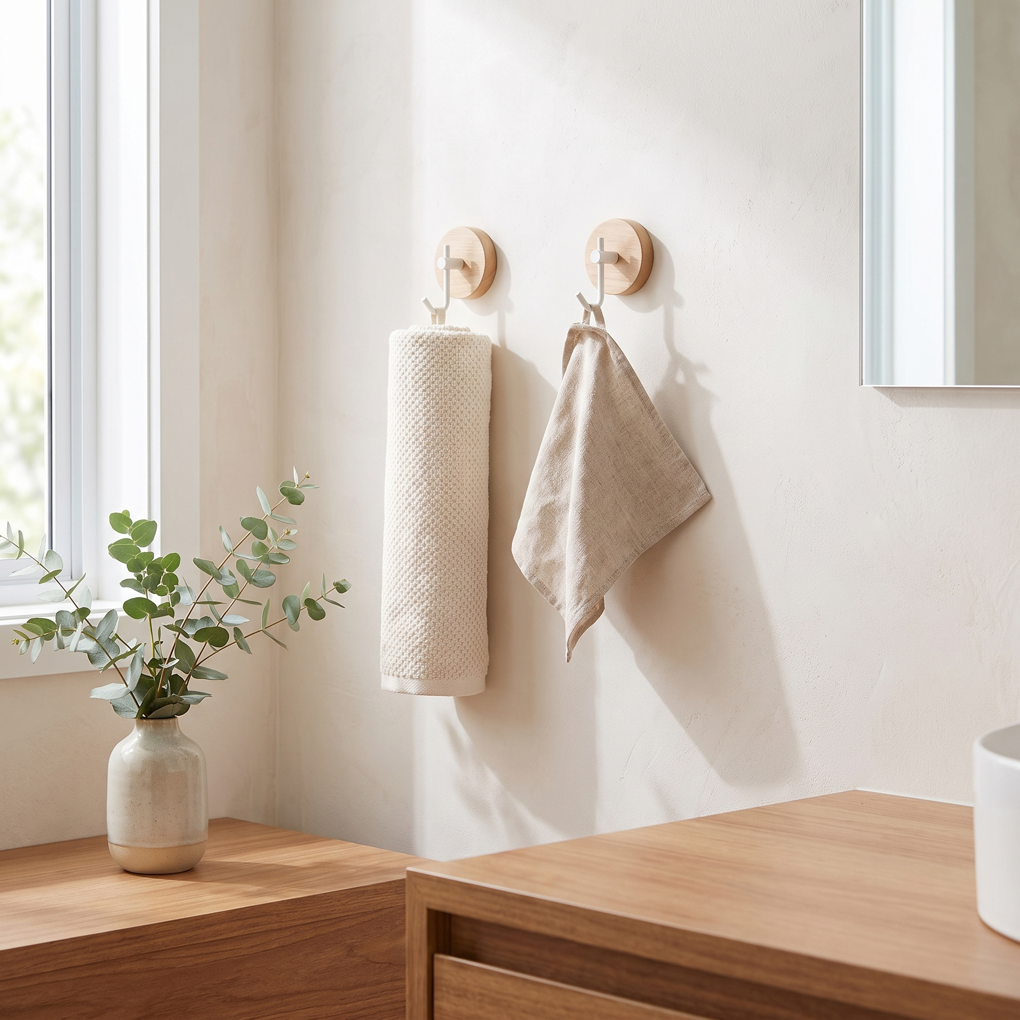 Capi Ivory Curve round wall hook on a bright bathroom wall with a rolled hand towel