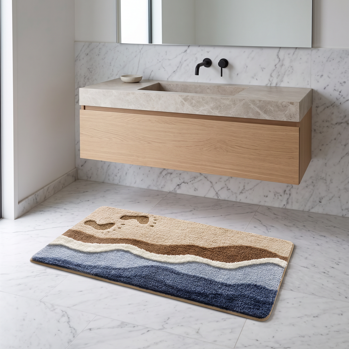 Trig coastal non-slip bath mat in Coastal Steps in a marble bathroom