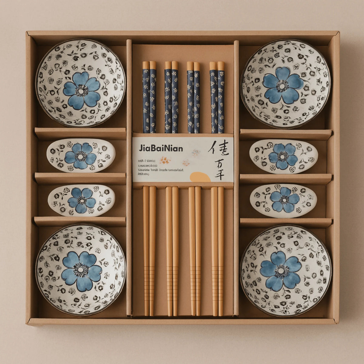Hiro sushi dinnerware set in blue cherry blossom design in its gift box