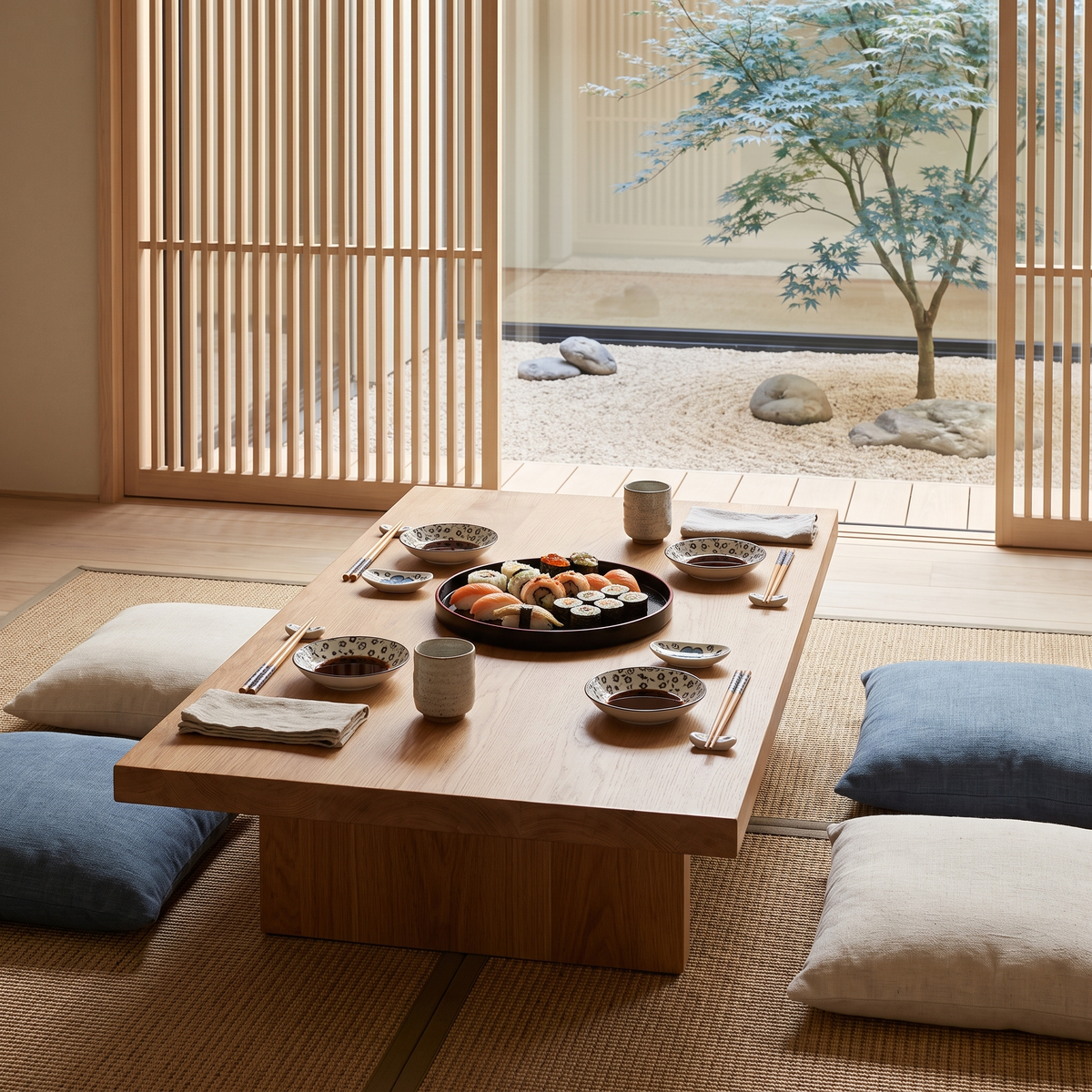 Hiro sushi dinnerware set in blue on a low timber table in a Japanese-style home