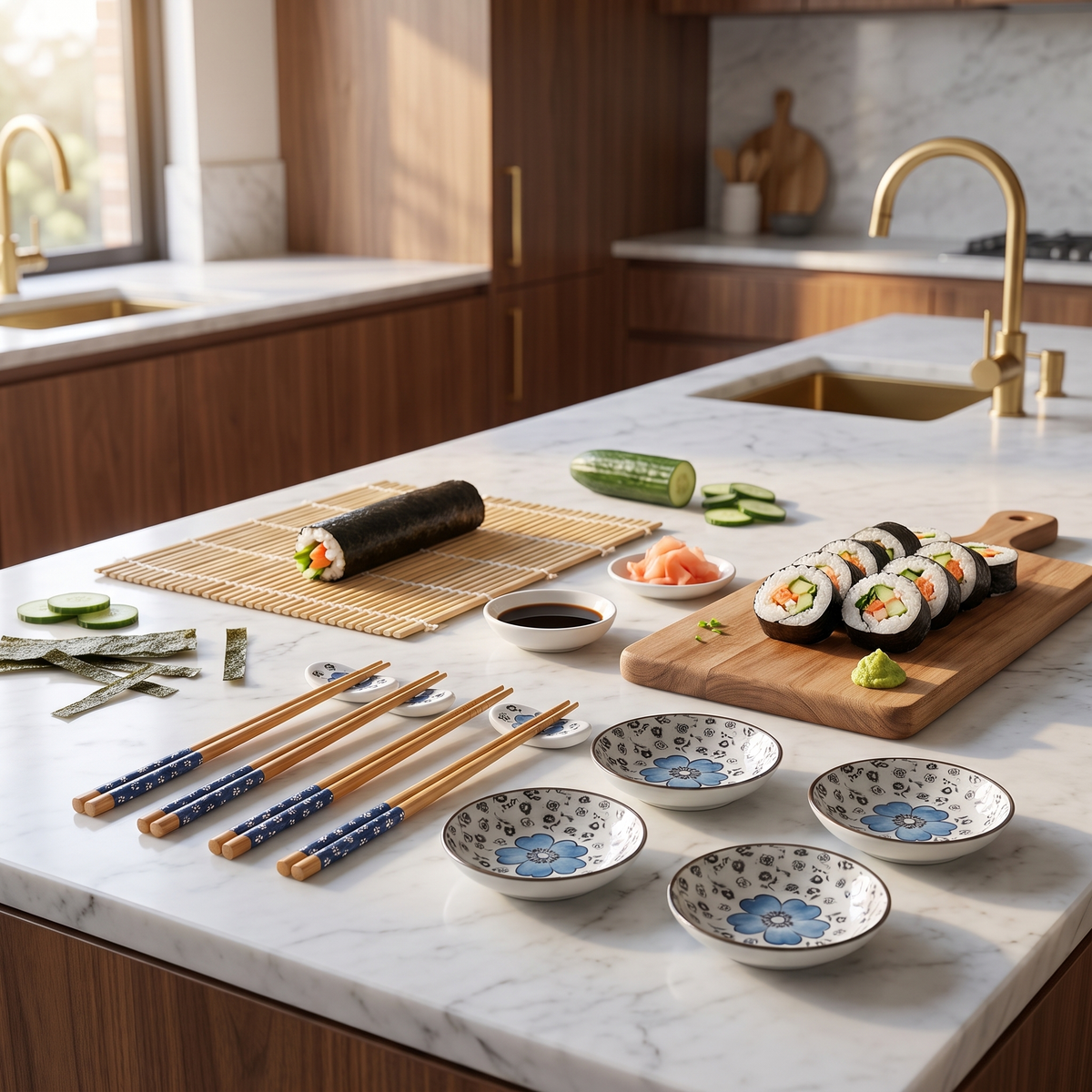 Hiro sushi dinnerware set in blue on a marble kitchen island with fresh maki rolls