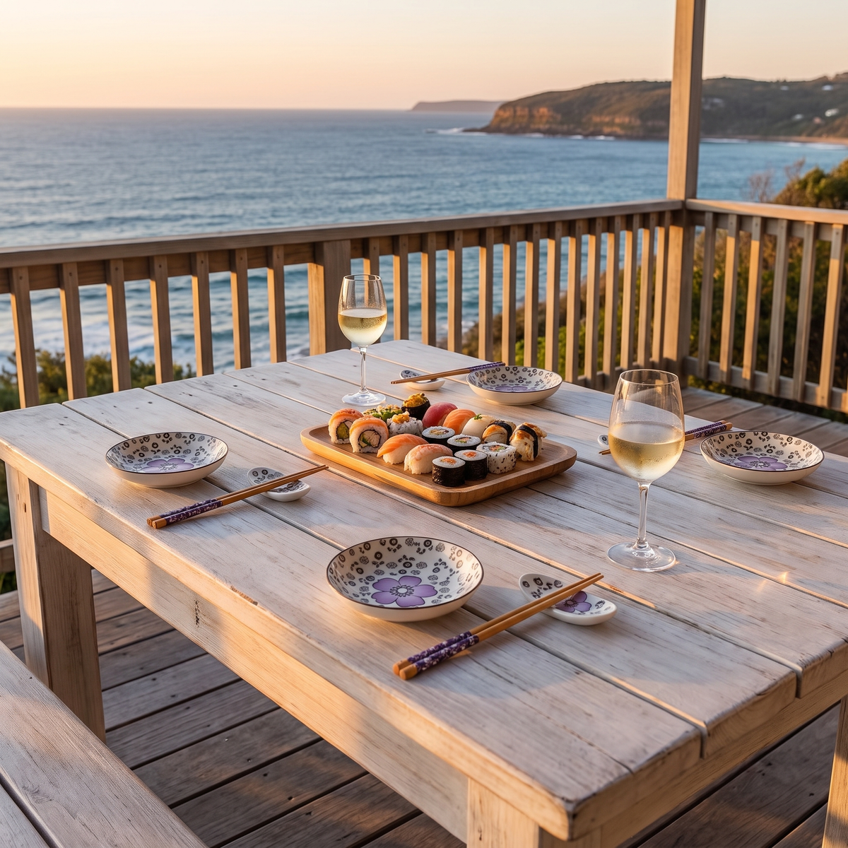 Hiro sushi dinnerware set in purple on a beach house deck at sunset overlooking the ocean