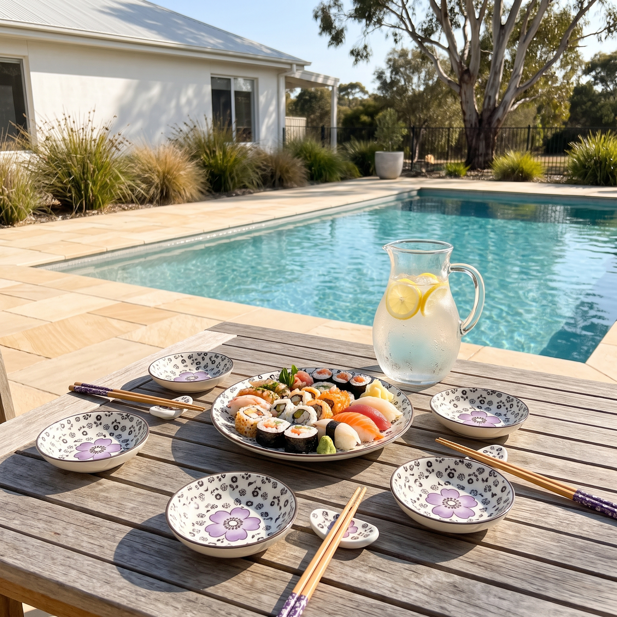 Hiro sushi dinnerware set in purple on a teak table beside a backyard pool in Australia