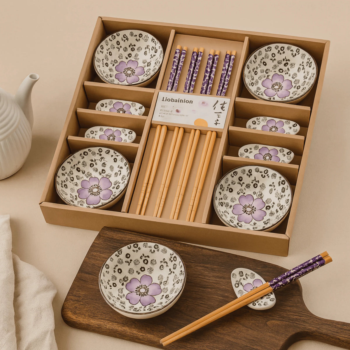 Hiro sushi dinnerware set in purple with a dish and chopstick rest on a timber serving board