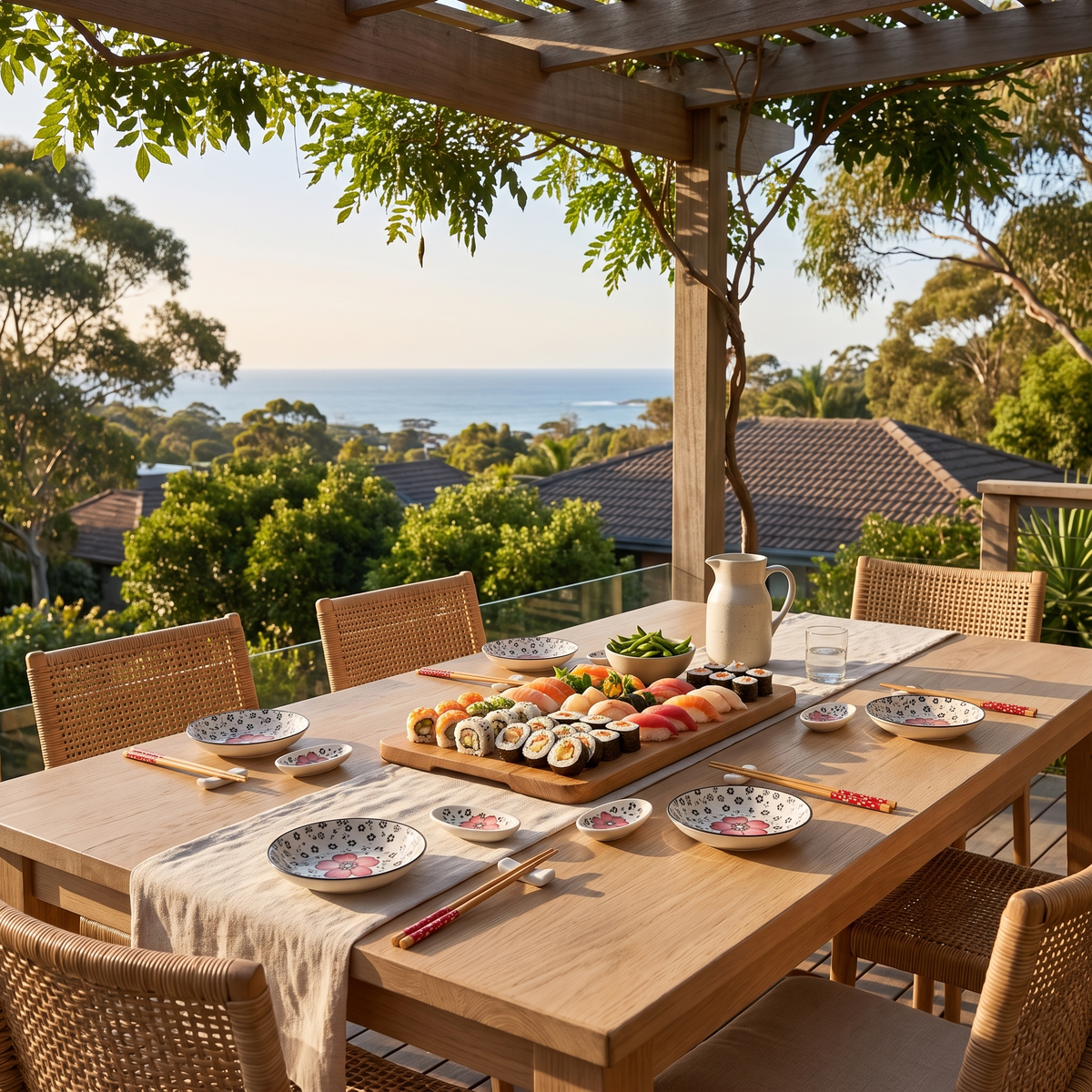 Hiro sushi dinnerware set in red on an outdoor table under a pergola with ocean views