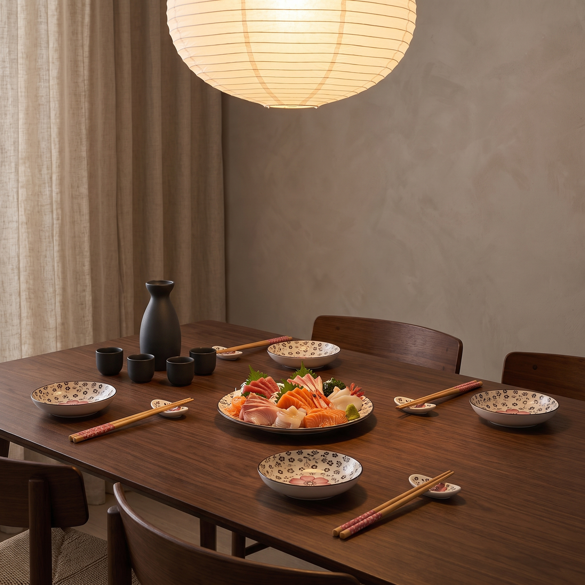 Hiro sushi dinnerware set in red on a walnut dining table with sashimi in the evening
