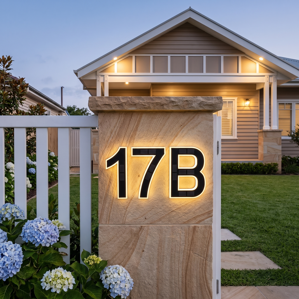 Home solar house numbers 1, 7 and B on a sandstone letterbox pillar