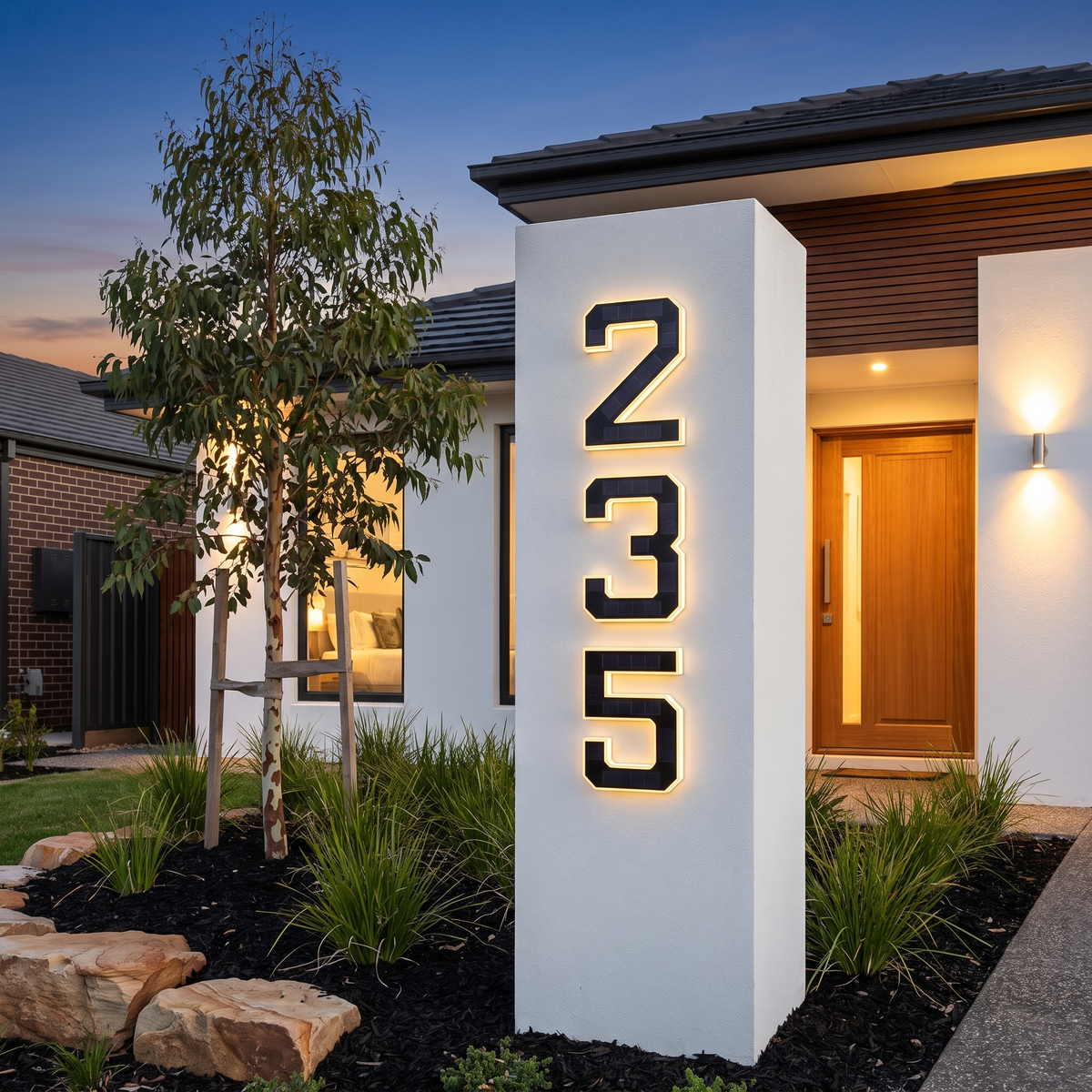 Home solar house numbers 2, 3 and 5 glowing vertically on a rendered entry pillar