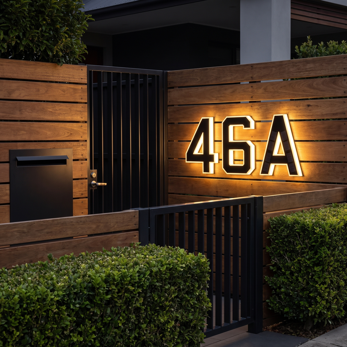 Home solar house numbers and letters 4, 6 and A on a timber slat front fence