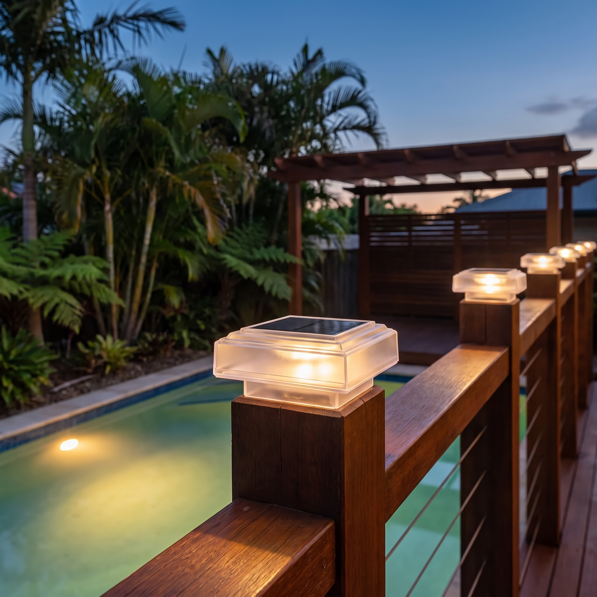 Honi solar fence post cap lights glowing on timber deck posts beside a pool
