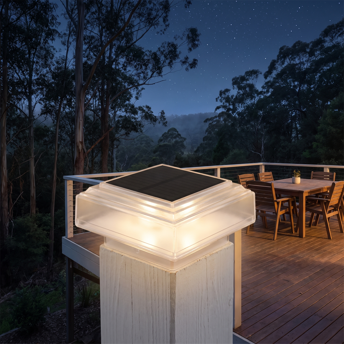 Honi solar post cap light on a deck post overlooking Australian bushland at night
