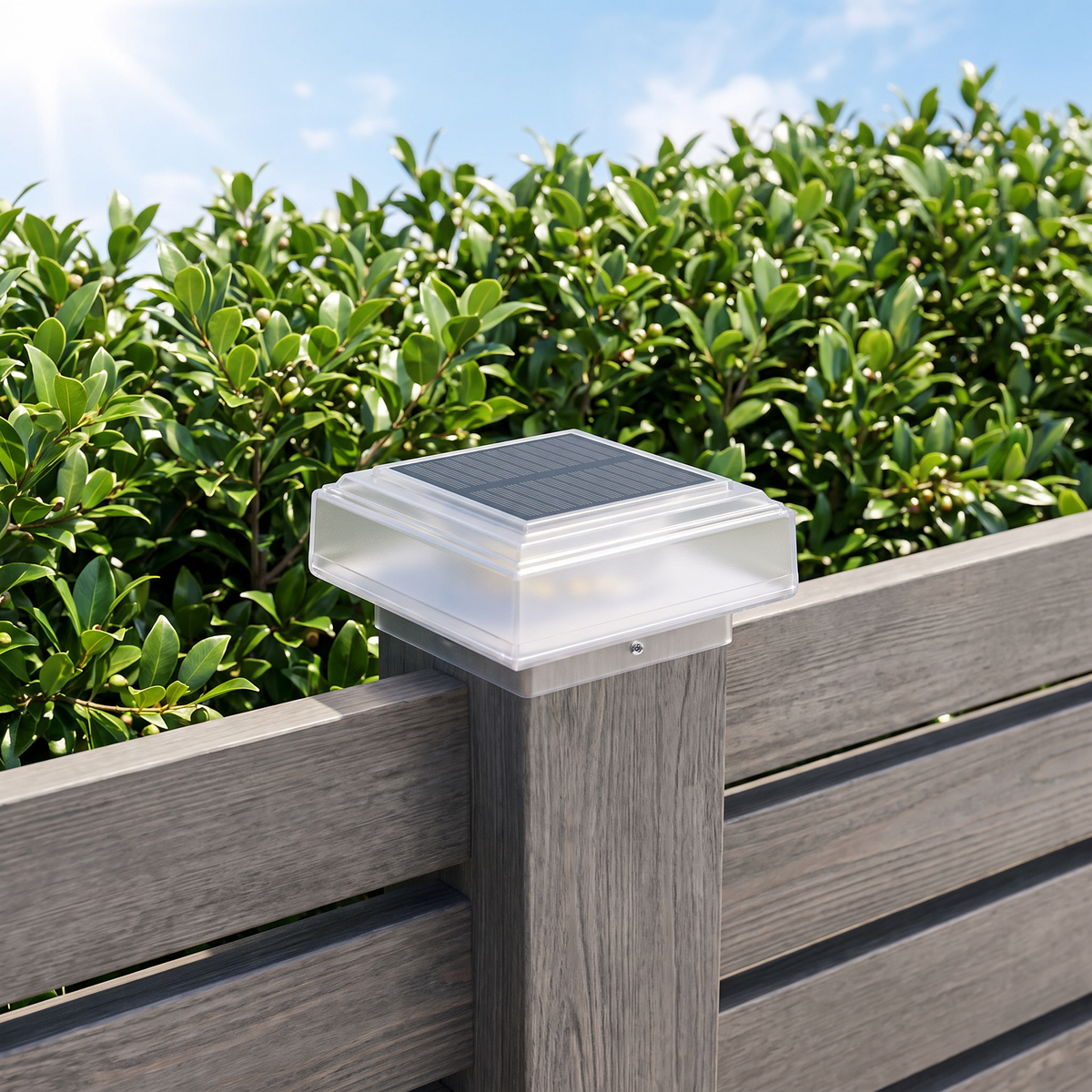 Honi solar post cap light on a timber front fence post in daytime