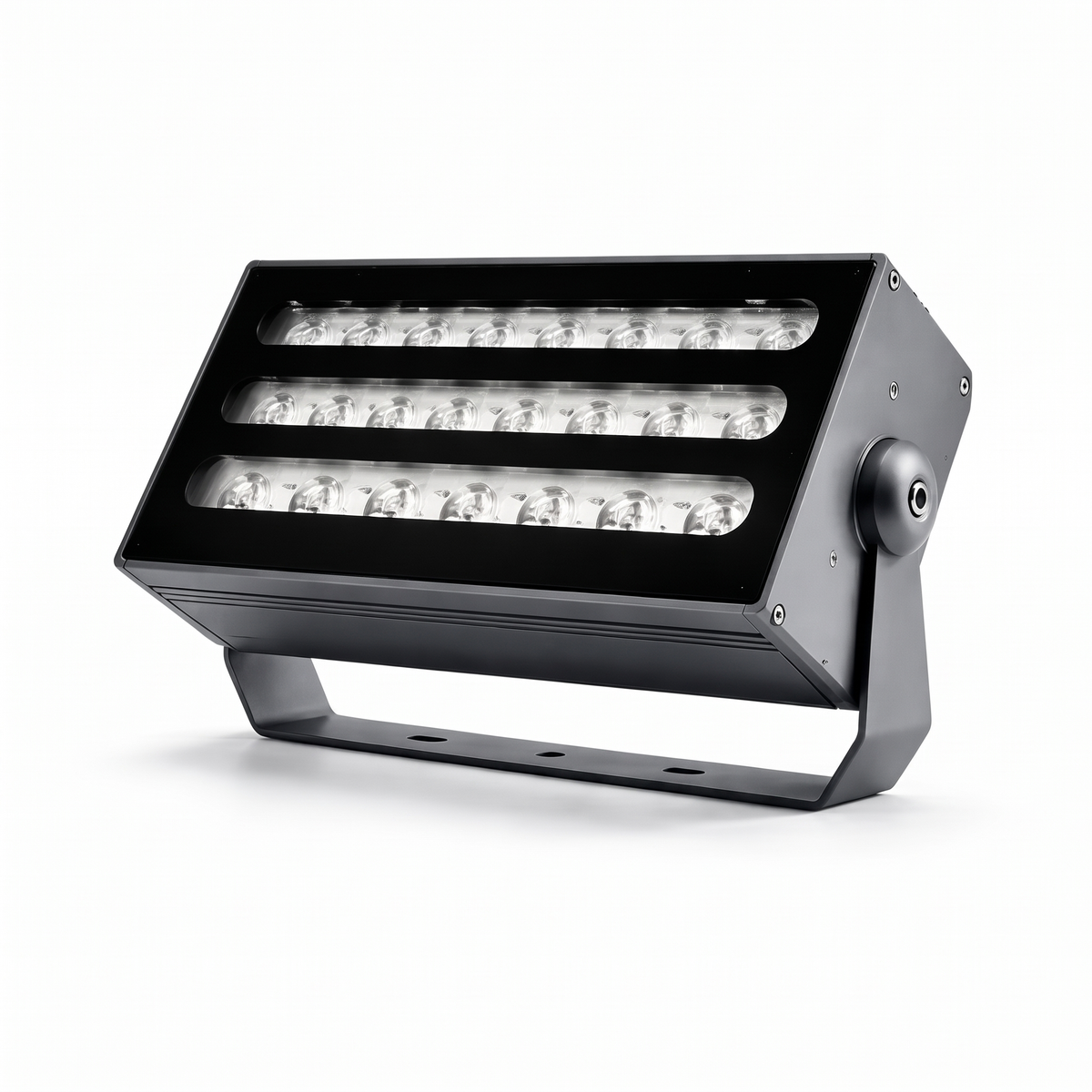 Honnibal RGB LED flood light in grey with its tilting U-bracket on a white background