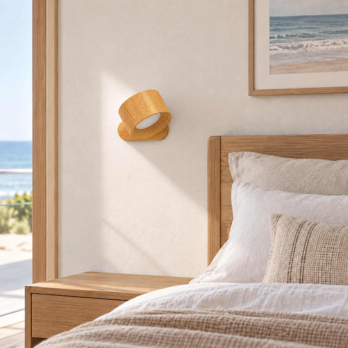 Horden wireless wall sconce in Brown/Yellow above an oak bedhead in a coastal bedroom
