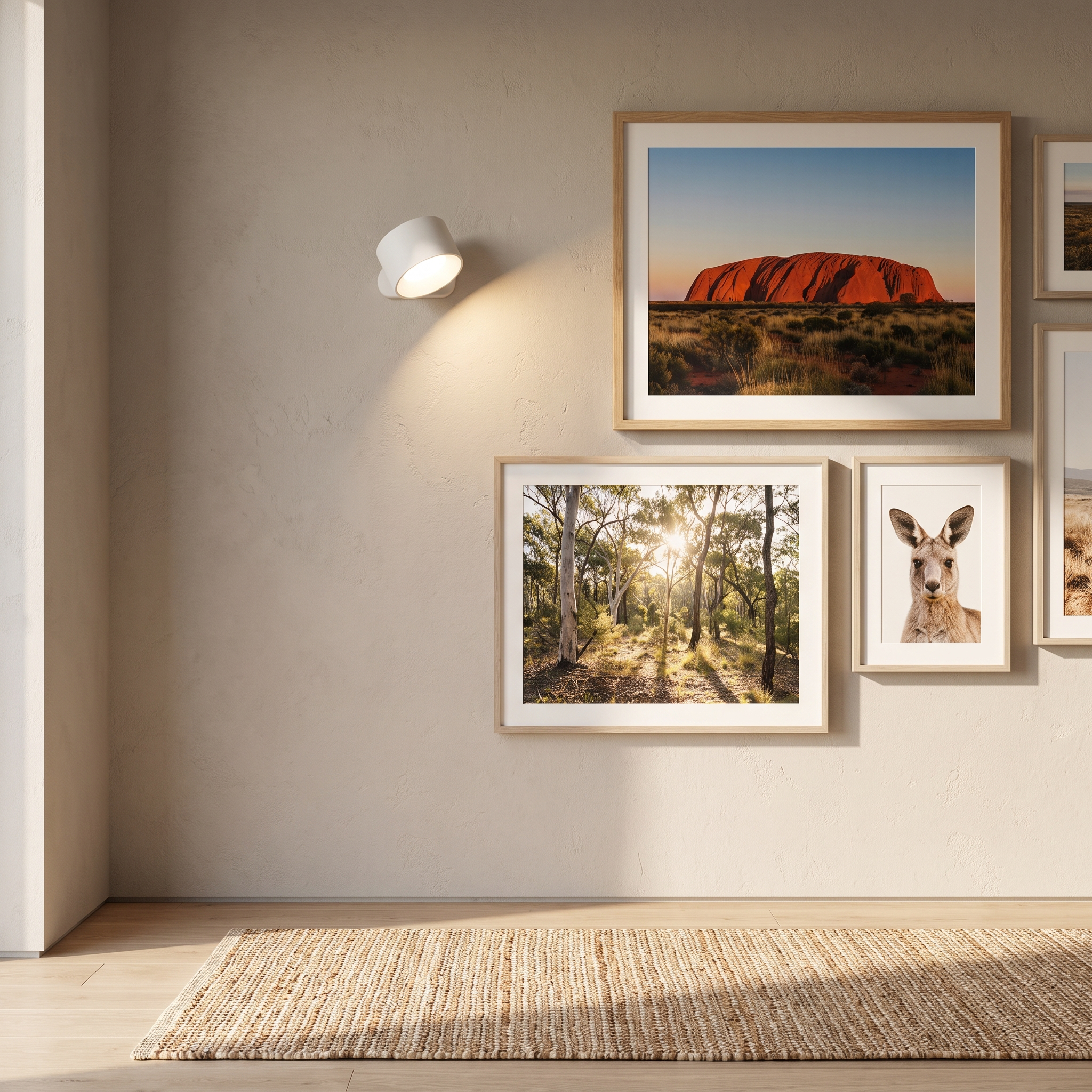 Horden white wall sconce on a coastal hallway gallery wall