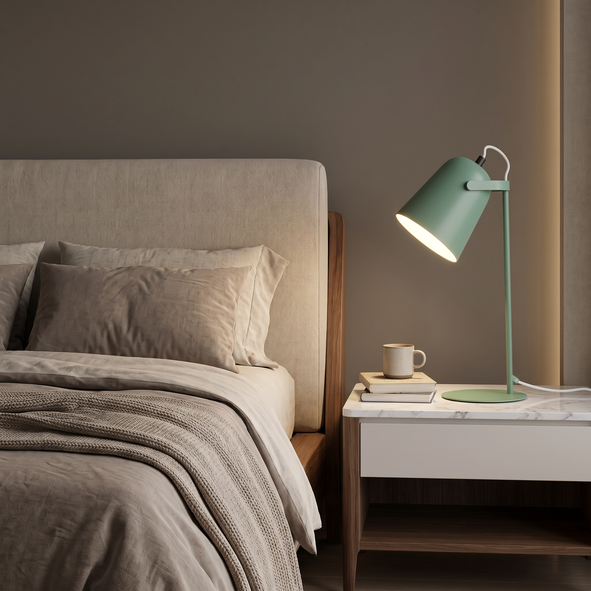 Hossegor macaron table lamp in green on a marble bedside in a modern bedroom