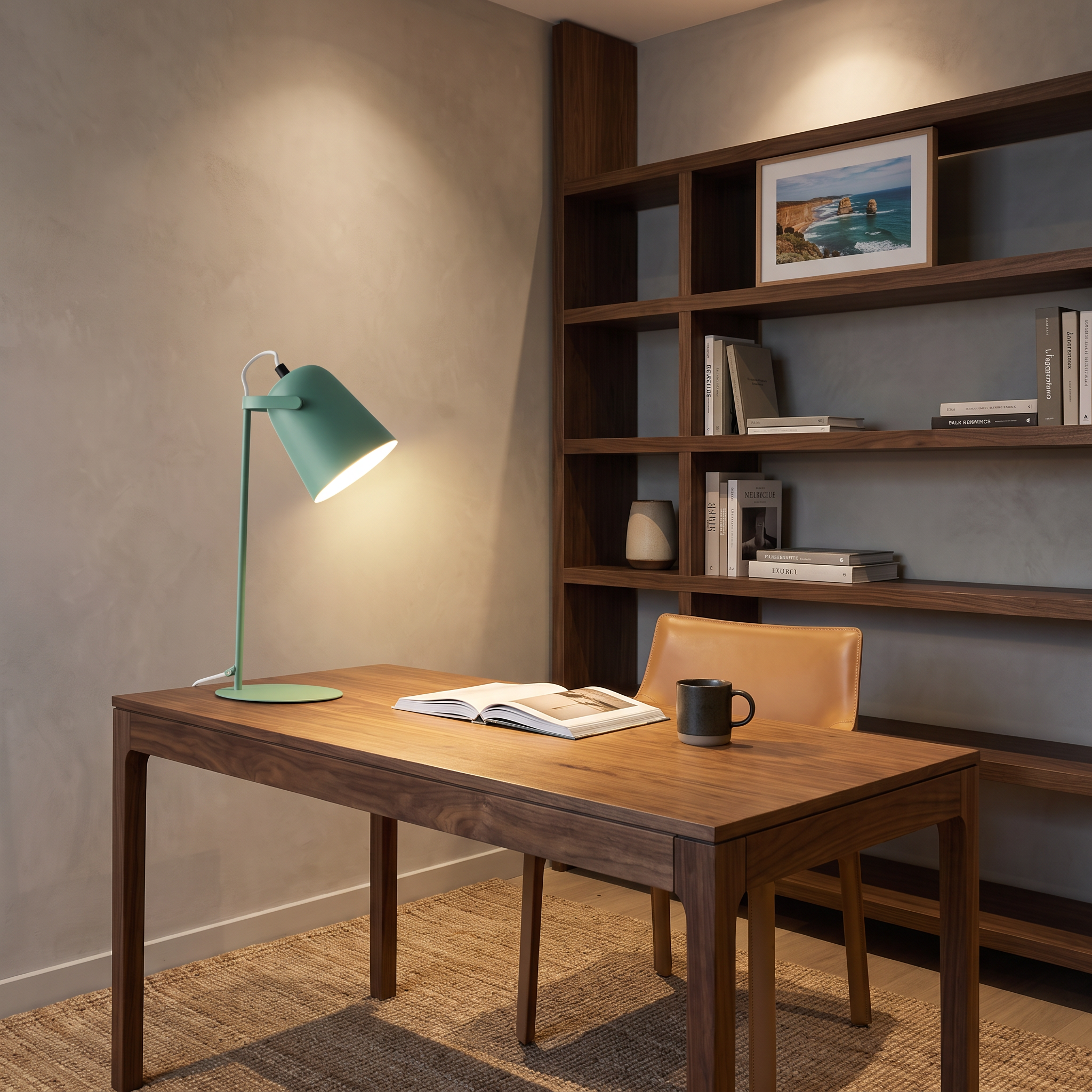 Hossegor macaron table lamp in green on a walnut desk in a home office