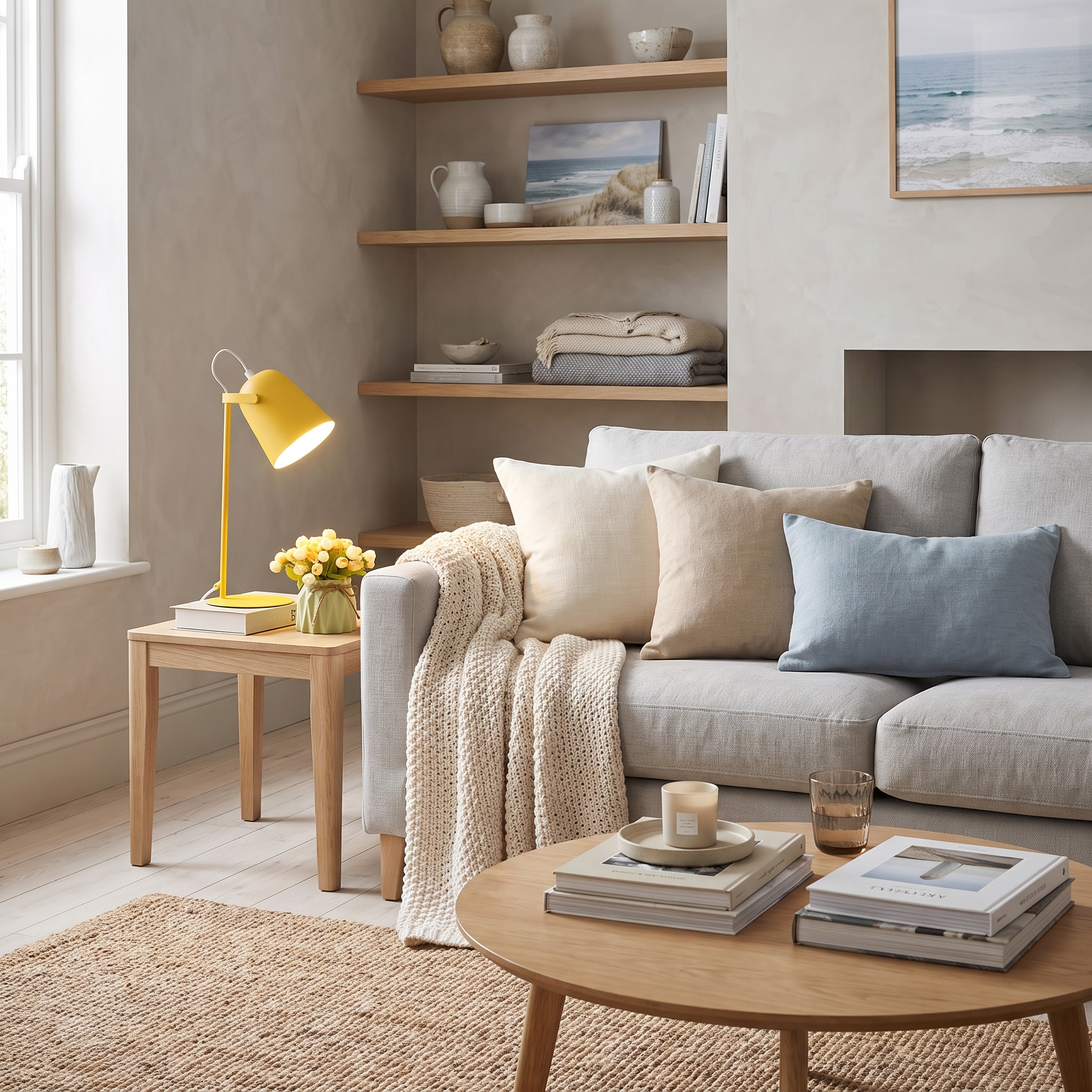 Hossegor macaron table lamp on a side table in a Scandinavian coastal living room