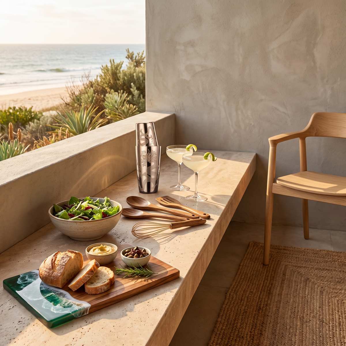 Mixaro cocktail shaker, Culi utensils and Bondi resin board with sourdough on an alfresco travertine bench