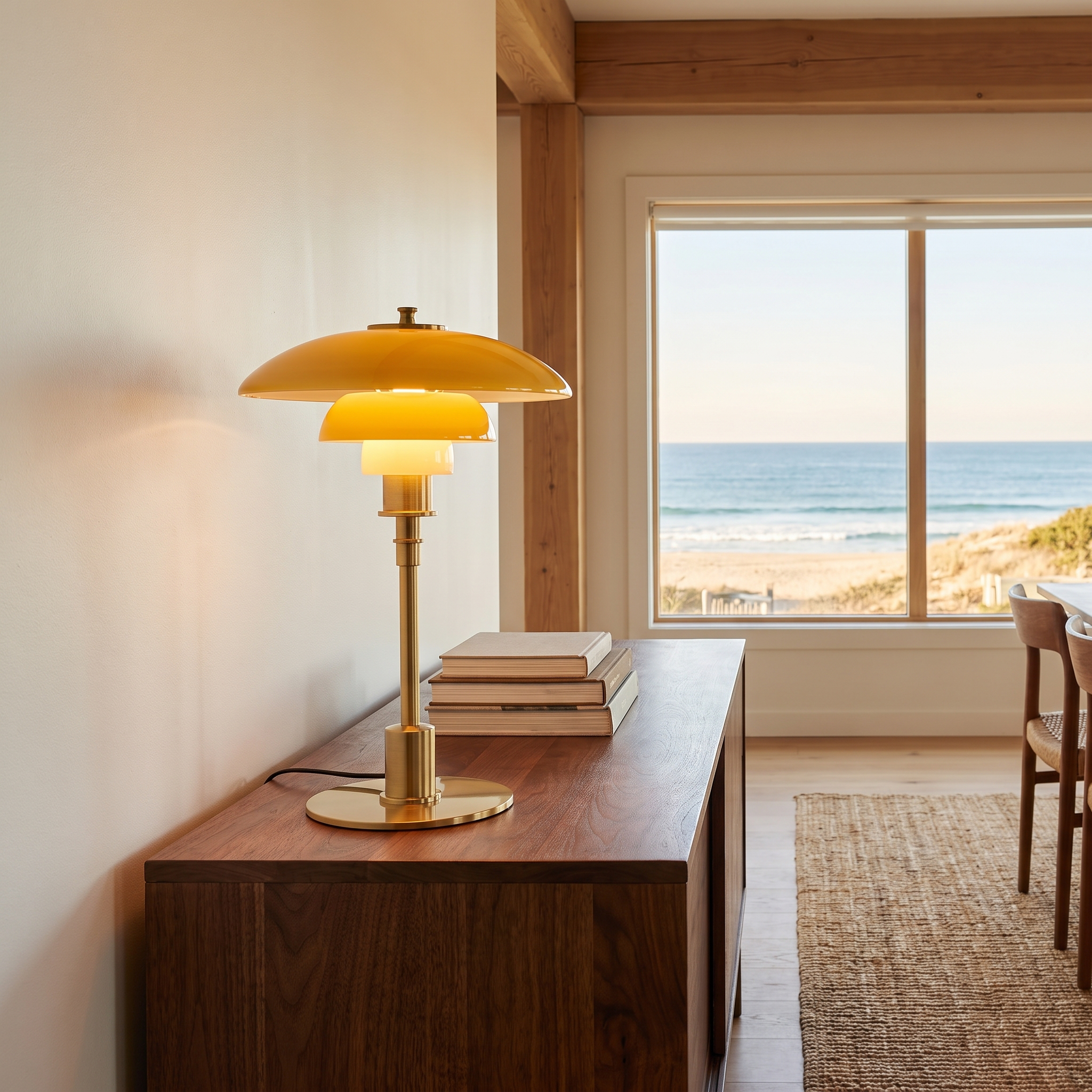 Ingrid Nordic glass table lamp with gold glass shade and gold base on a dining console with an ocean view