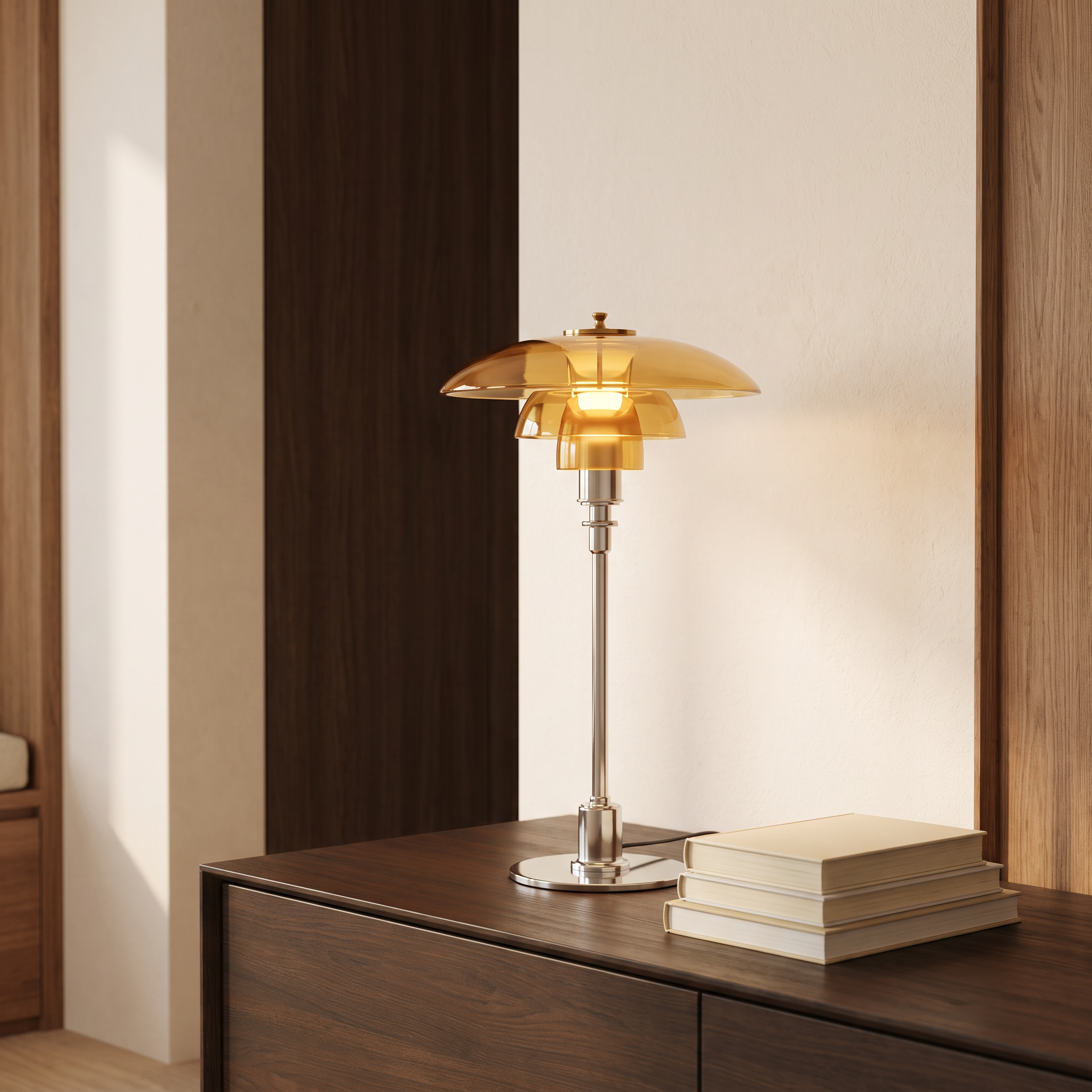 Ingrid Nordic glass table lamp with gold glass shade and silver base on a living-room console