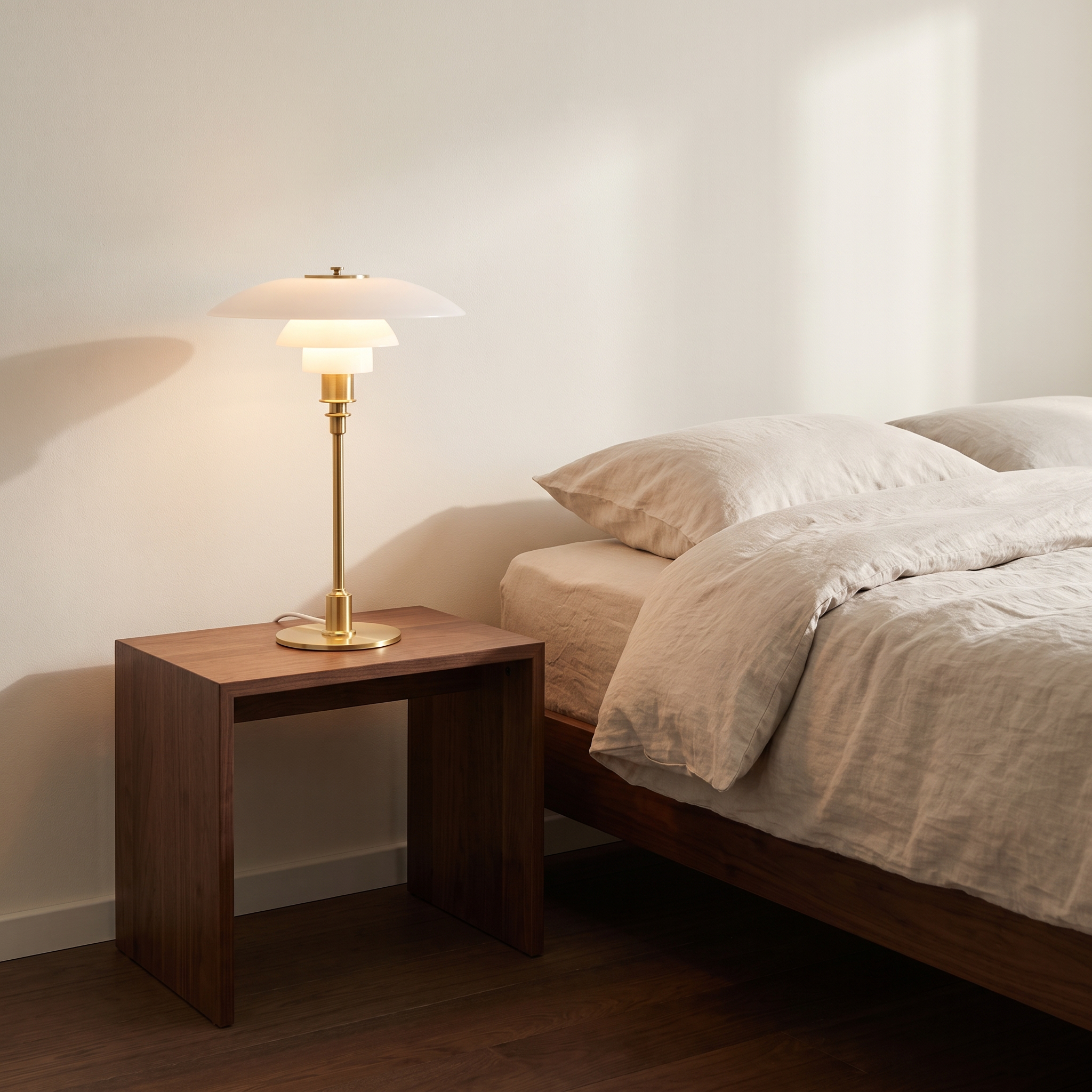Ingrid Nordic glass table lamp with white glass shade and gold base on a bedside table