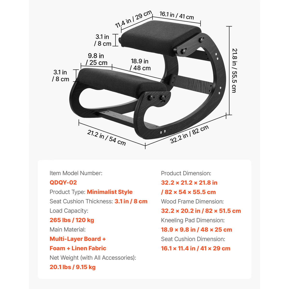 Ivy kneeling chair black model dimensions, 82 x 54 x 55.5cm overall with 48 x 25cm knee pad, 120kg capacity