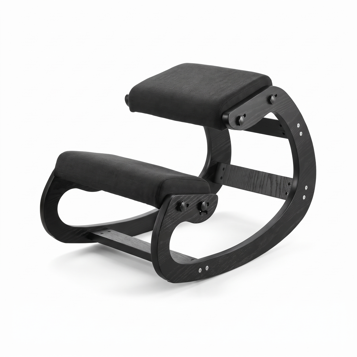 Ivy ergonomic kneeling chair with all-black frame and black cushions on a white background